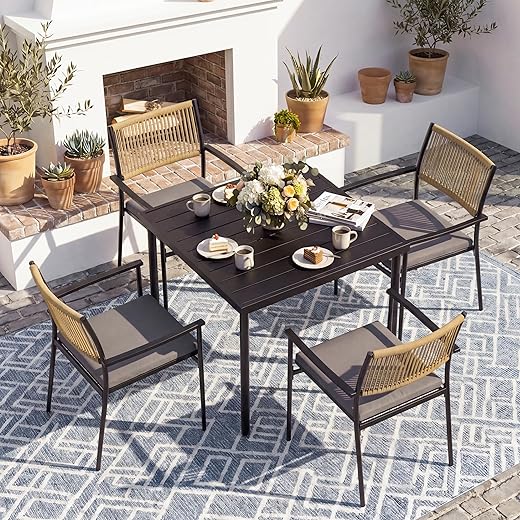 5-Piece Patio Table and Chairs Set，Outdoor Dining Set for 4,All Weather Patio Dining Set with Umbrella Hole,Metal Patio Furniture for Backyard, Garden and Poolside,Midnight Blue