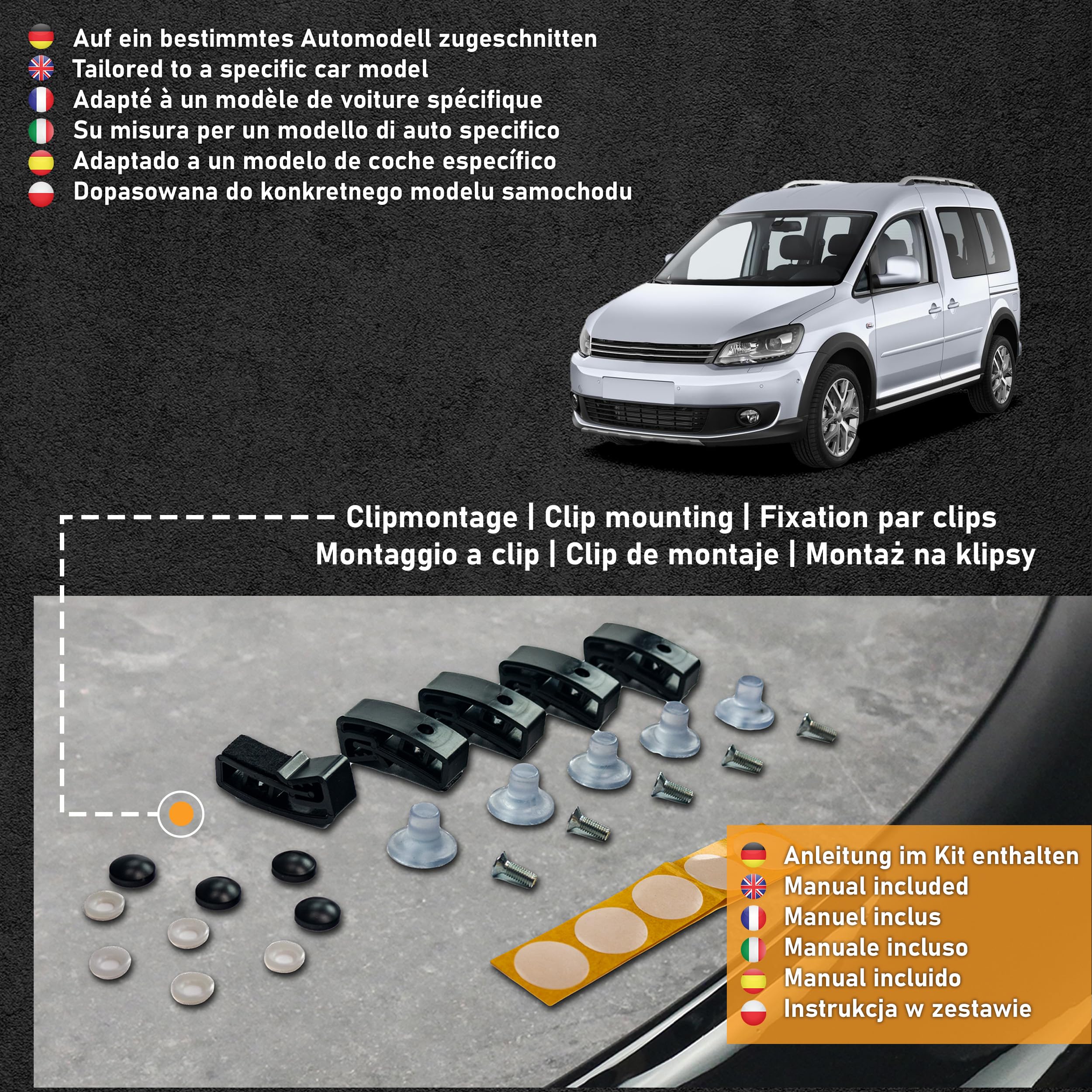 CHROMEMASTER | Auto Zubehör; Steinschlagschutz; Motorhaubenabdeckung Kompatibel mit VW Caddy 2010-2015 | Schwarzer ABS-Kunststoff | Motorhaubenschutz Deflektor Schützt die Motorhaube vor Steinen