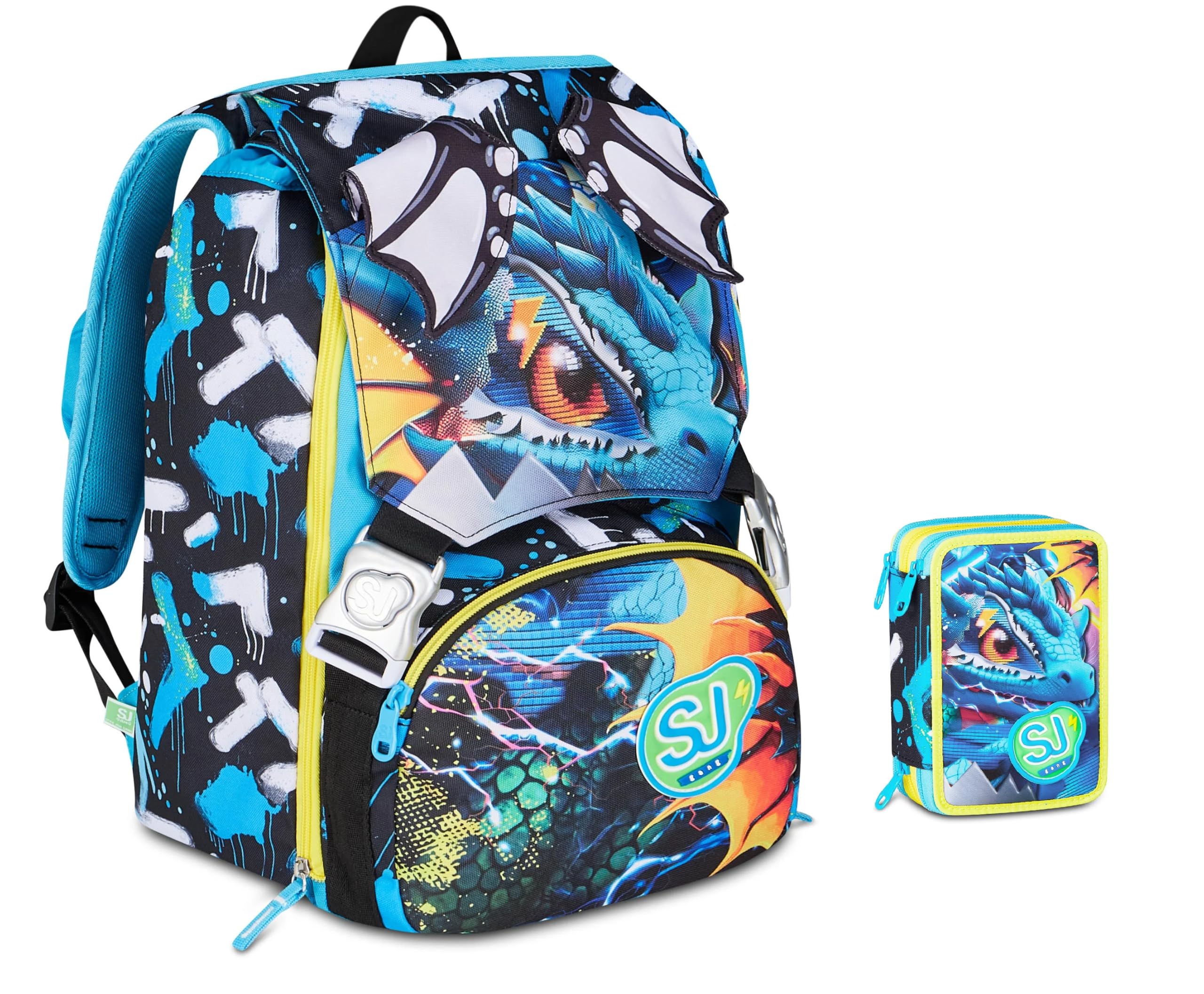 Rucksack Grundschule Boy – Sj Metal Drache erweiterbar by Seven für Kinder + Federmäppchen 3 Ebenen komplett mit Schreibwaren