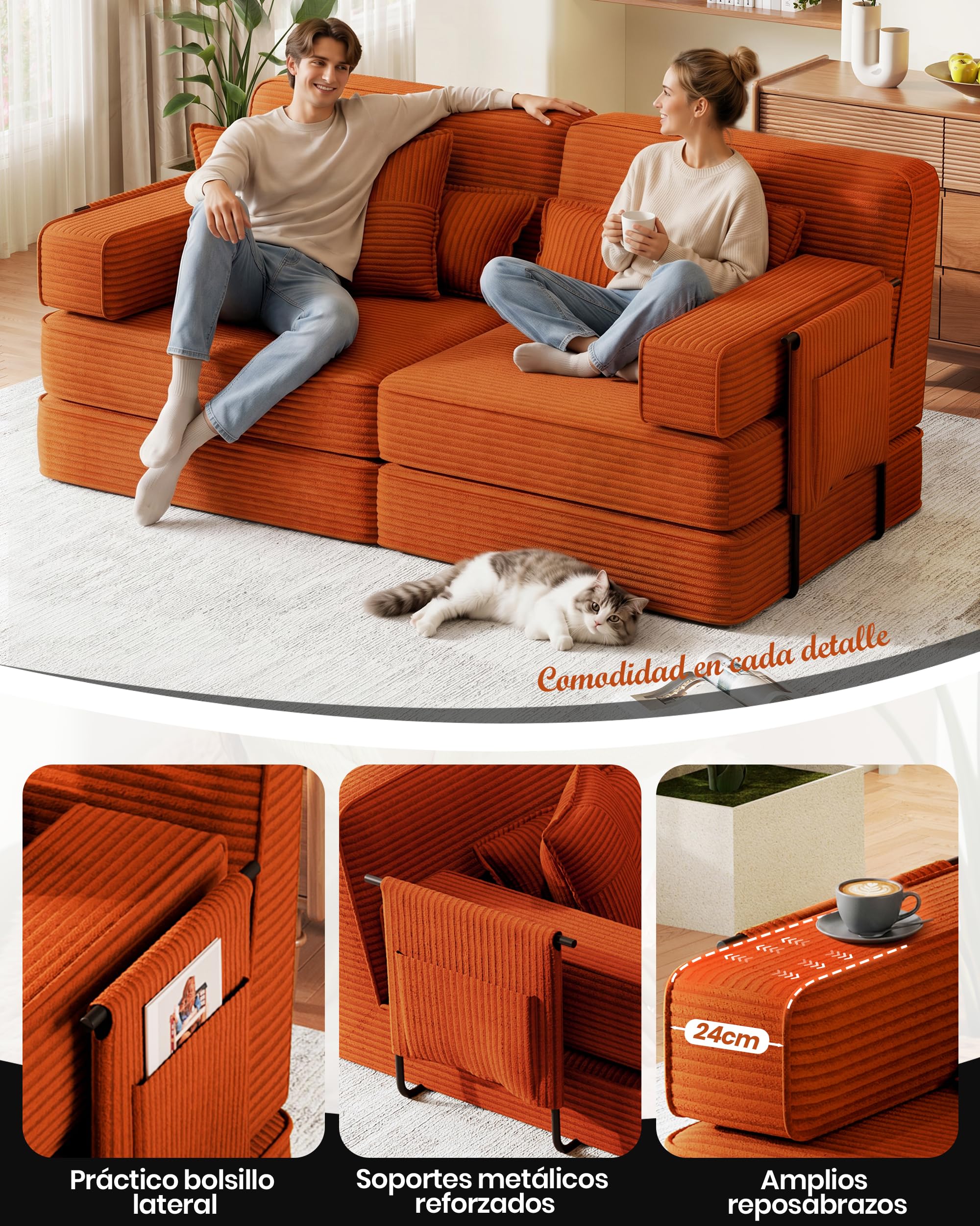 190cm Sofá Cama 2-3 Plazas con Espuma, Modular 5 en 1, Naranja | Versátil Sofá Cama de Pana con Asiento Profundo, Sofá de Suelo para Apartamento, Apto para Mascotas y Ergonómico