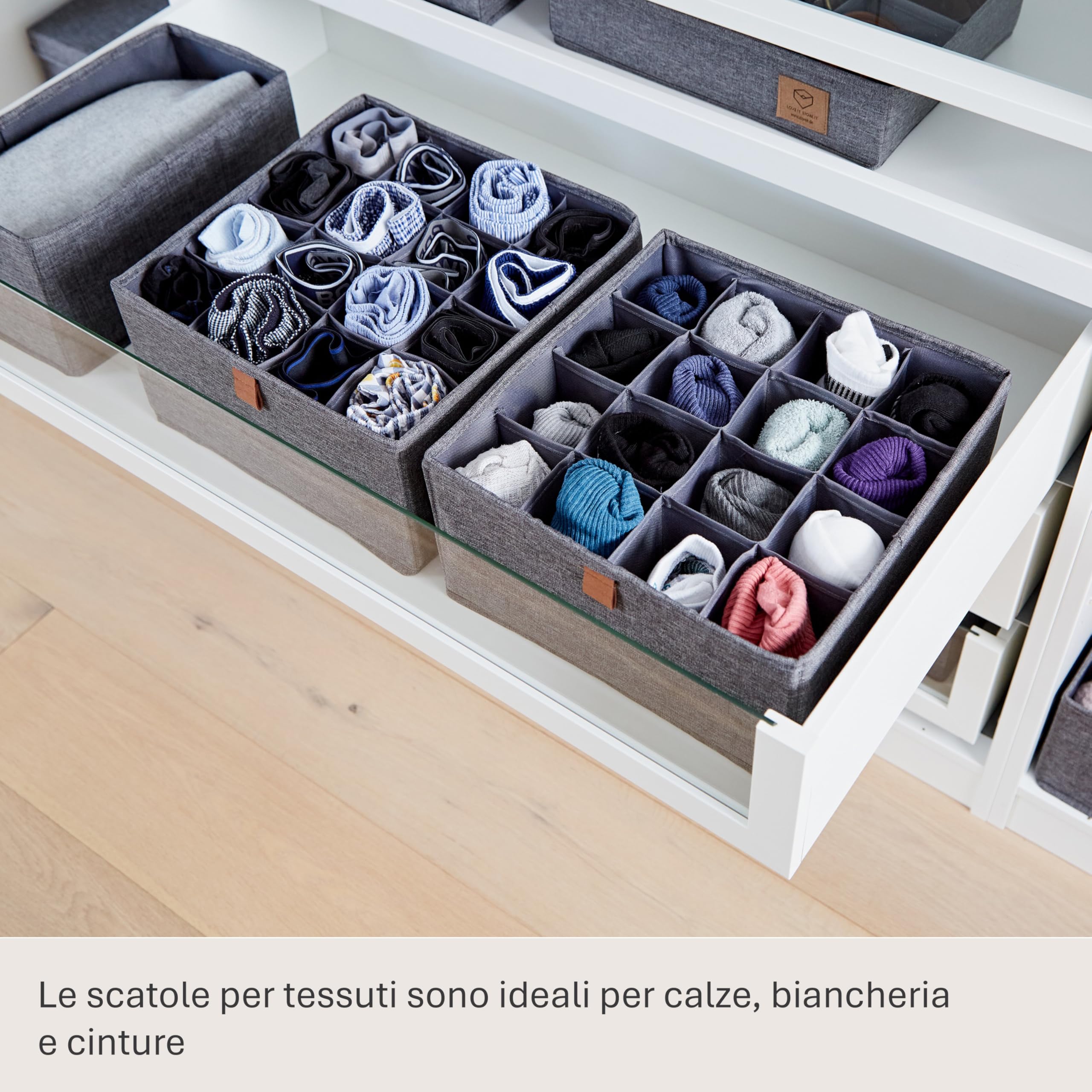 LOVE IT STORE IT - Premium - Set di 2 Divisori per Cassetti in Lino e Cotone - Contenitori per Armadio 16 Comparti - Pieghevoli e Rinforzati - Grigio - 30x30x15cm