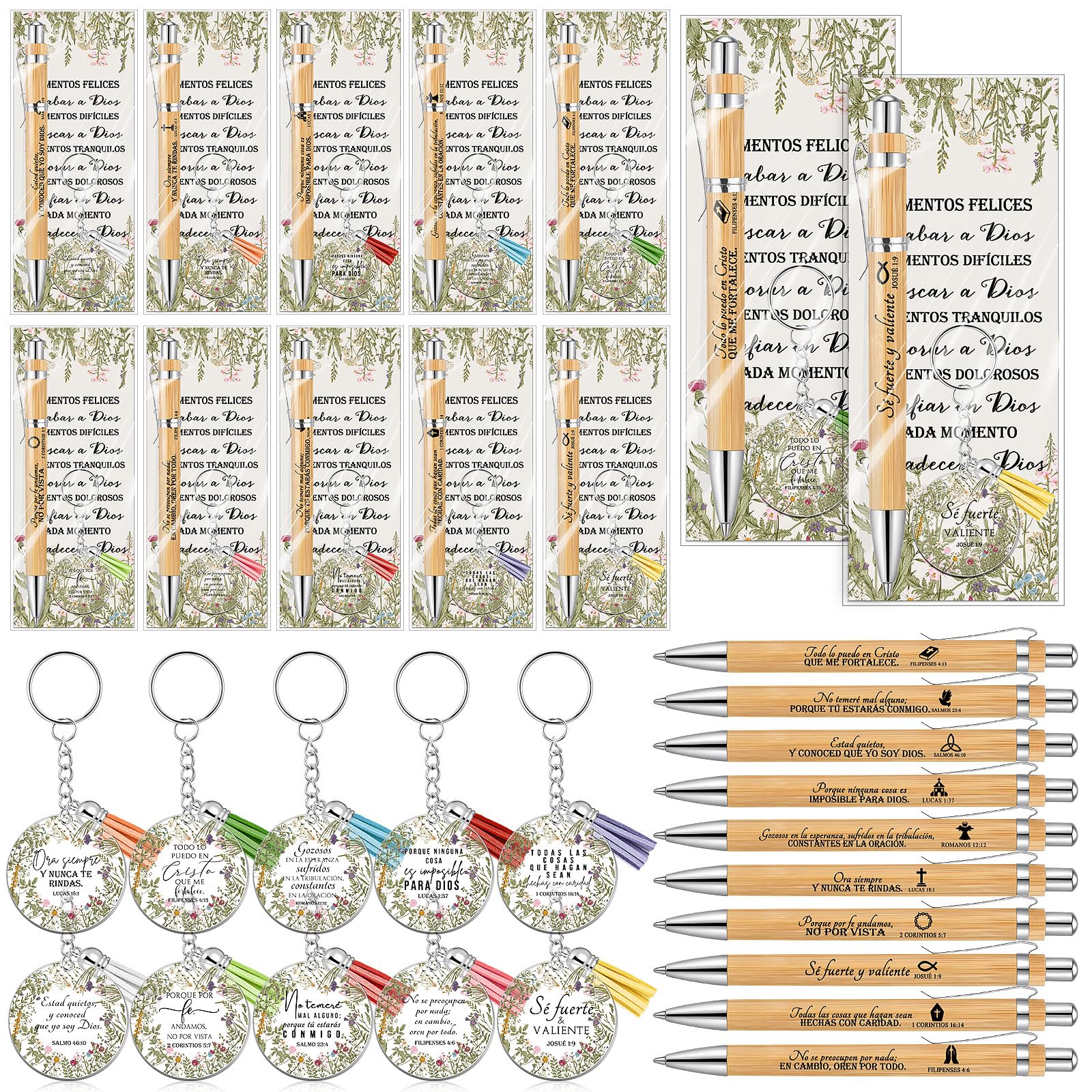 Spakon 10 Sets Christian Gifts Bulk Bible Verse Bamboo Pen Christian Floral Keychain Valentines Inspirational Bookmark Religious Church Gift for Women