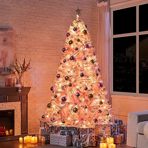 Vista 142 de Yaheetech - Árbol artificial de Navidad con luces incandescentes de color blanco cálido, con flecos nevados, 2084 ramas, 900 luces y soporte Verde