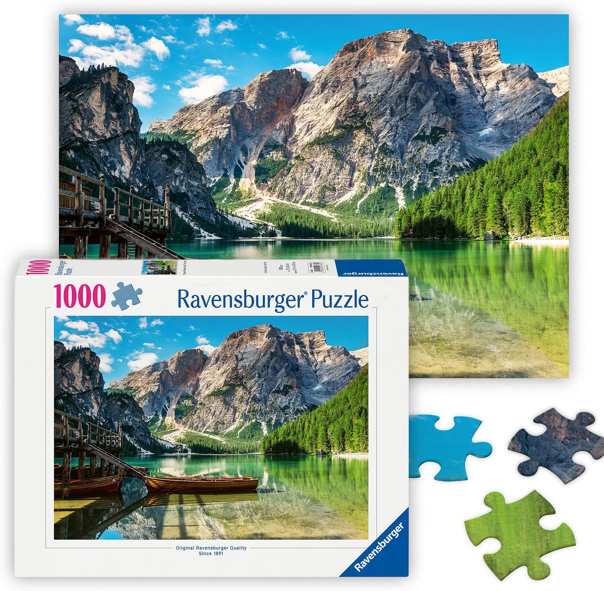 Pragser Wildsee, Italy - 1000 Piece Jigsaw Puzzle - Stunning, Peaceful Lake with Rustic Boats - Majestic Mountains & Lush Forest - Ideal Gift - Frameable Art - Puzzles for Adults