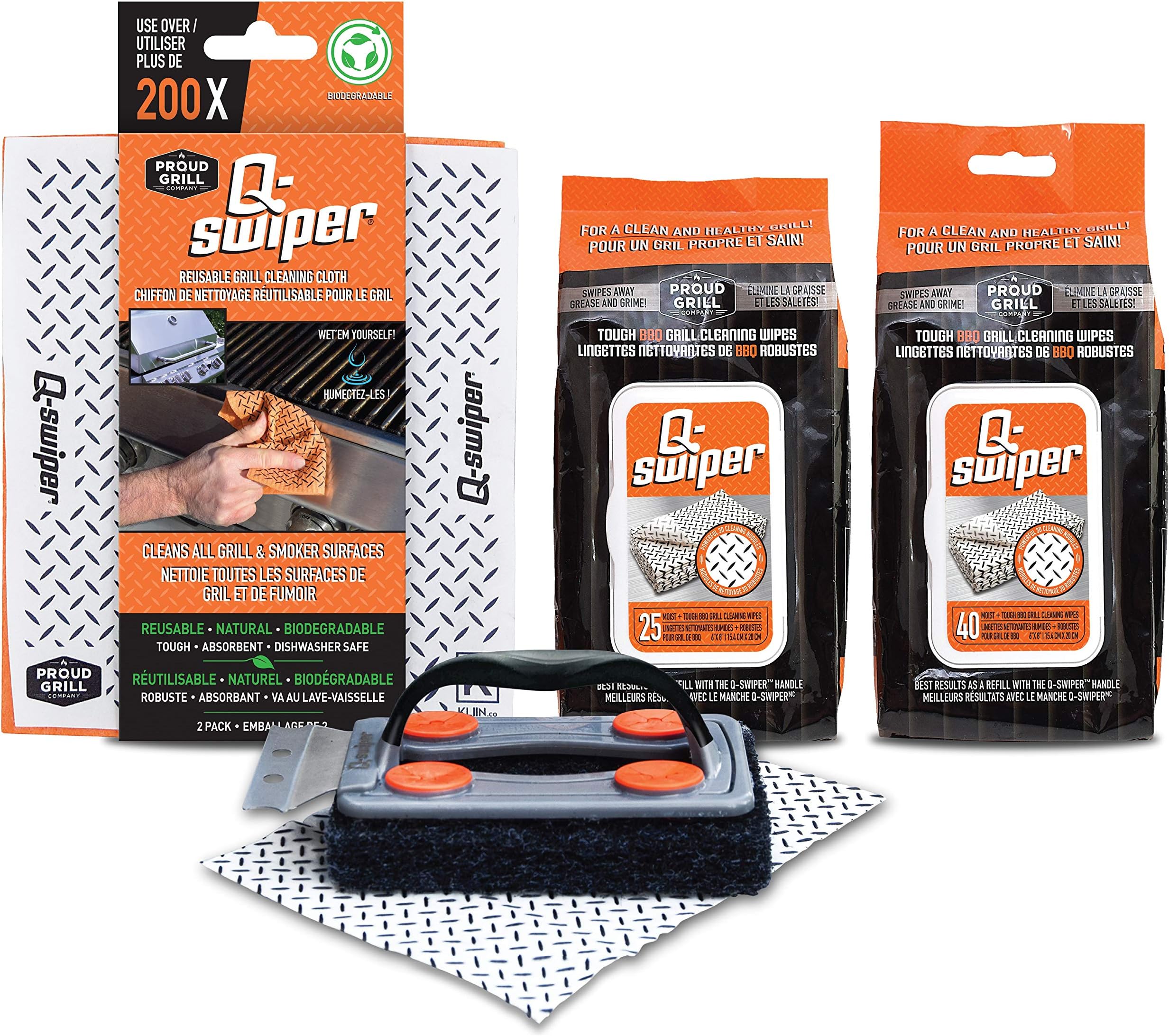 Q-Swiper BBQ Grill Cleaner Gift Bundle Set - 1 Q-Swiper Grill Brush, 65 Q-Swiper Grill Cleaning Wipes and 2 Q-Swiper Reusable Grill Cloths. Safe Way to Clean BBQ Grill Grates and Grill Exterior.