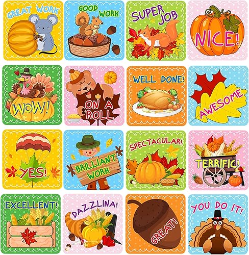Zonon 480 calcomanías de otoño para niños, recompensa motivacional de Acción de Gracias, calabaza de otoño, hojas de arce, pavo, maíz, ardilla,