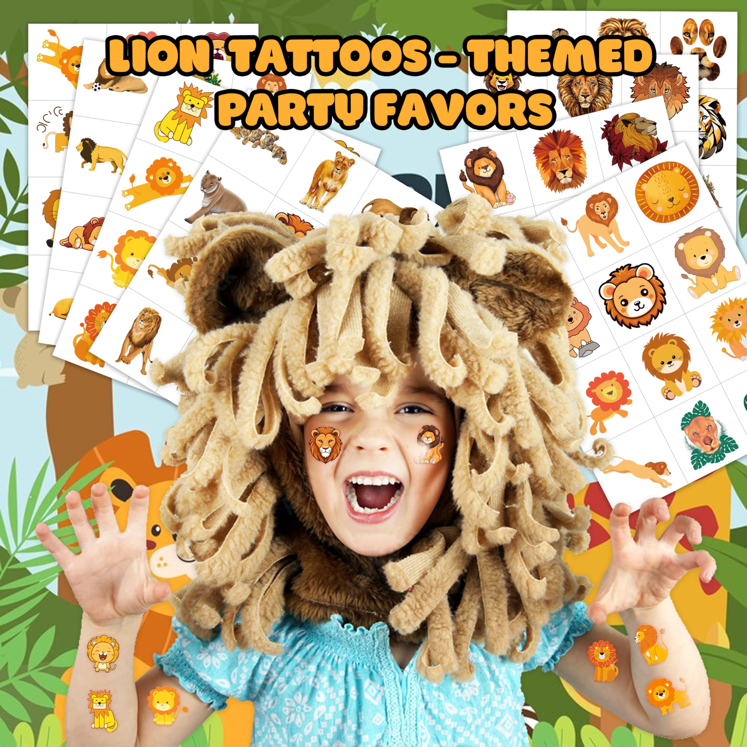 96PCS Cute Lion Pre-Cut Temporary Tattoos – Safari Jungle Theme Birthday Party Decorations Supplies, Party Favors, Fun Stickers for Kids Adults Boys Girls, Classroom Gifts & Rewards