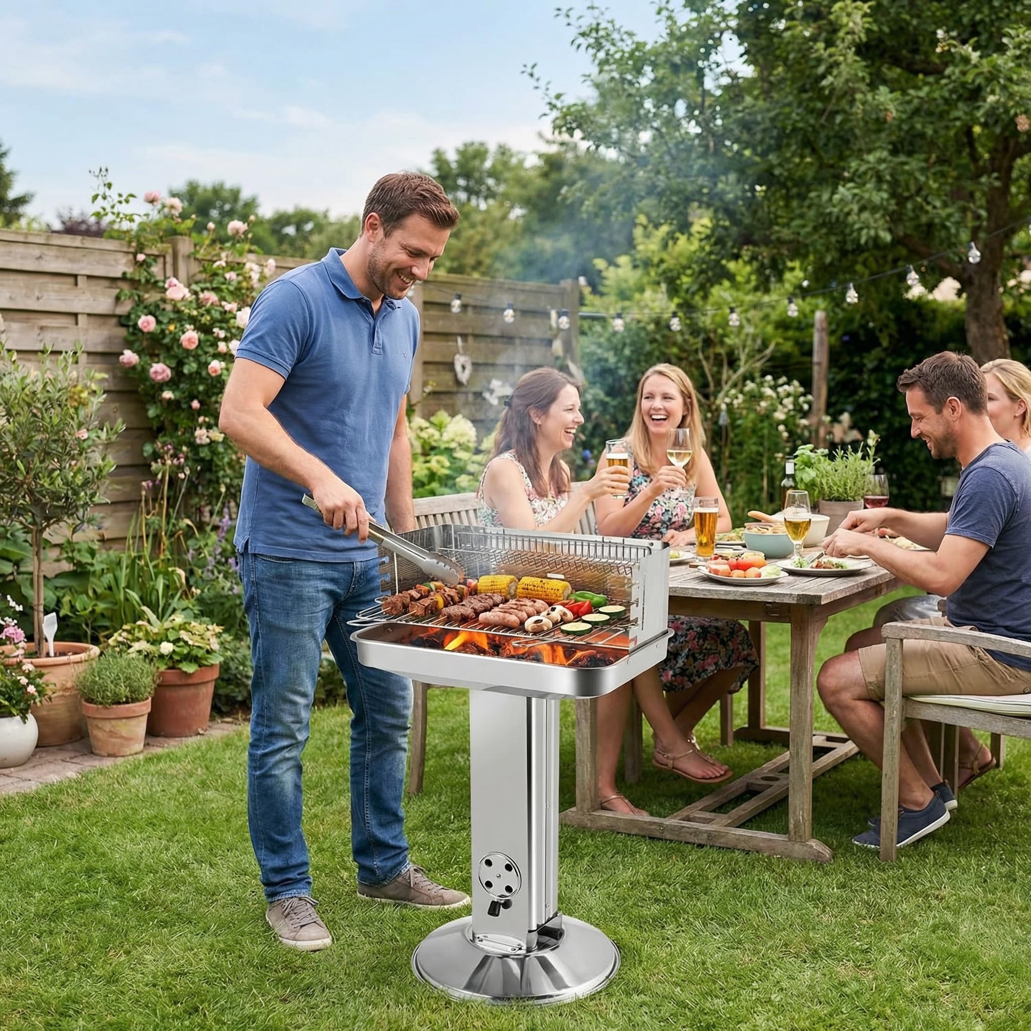 TLGREEN 57*38*90 cm Barbecue à charbon de bois en acier inoxydable, Outdoor | Hauteur réglable en 5 directions, Barbecue à colonne avec grille de chromée, Cendrier et ventilation,BBQ,Plage,Jardin,Camping