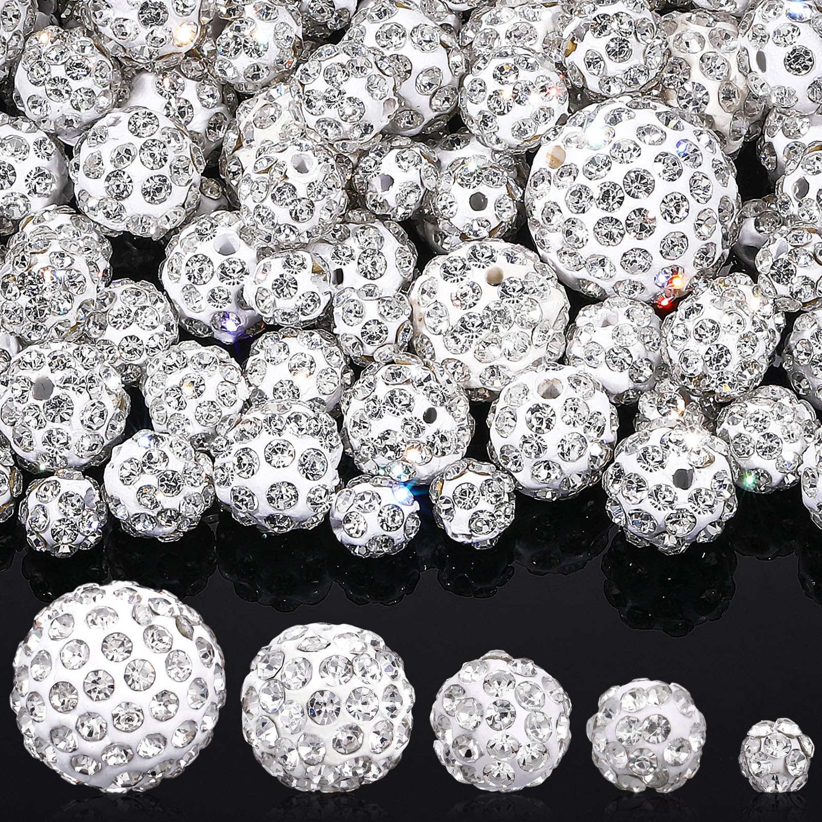 Remuuly 150 Pcs Rhinestones Beads for Jewelry Making, 16mm, 12mm, 10mm, 8mm, 6mm White Clay Beads Polymer Crystal Round Pave Disco Ball Diamond Clay for Necklace Earring Crafting