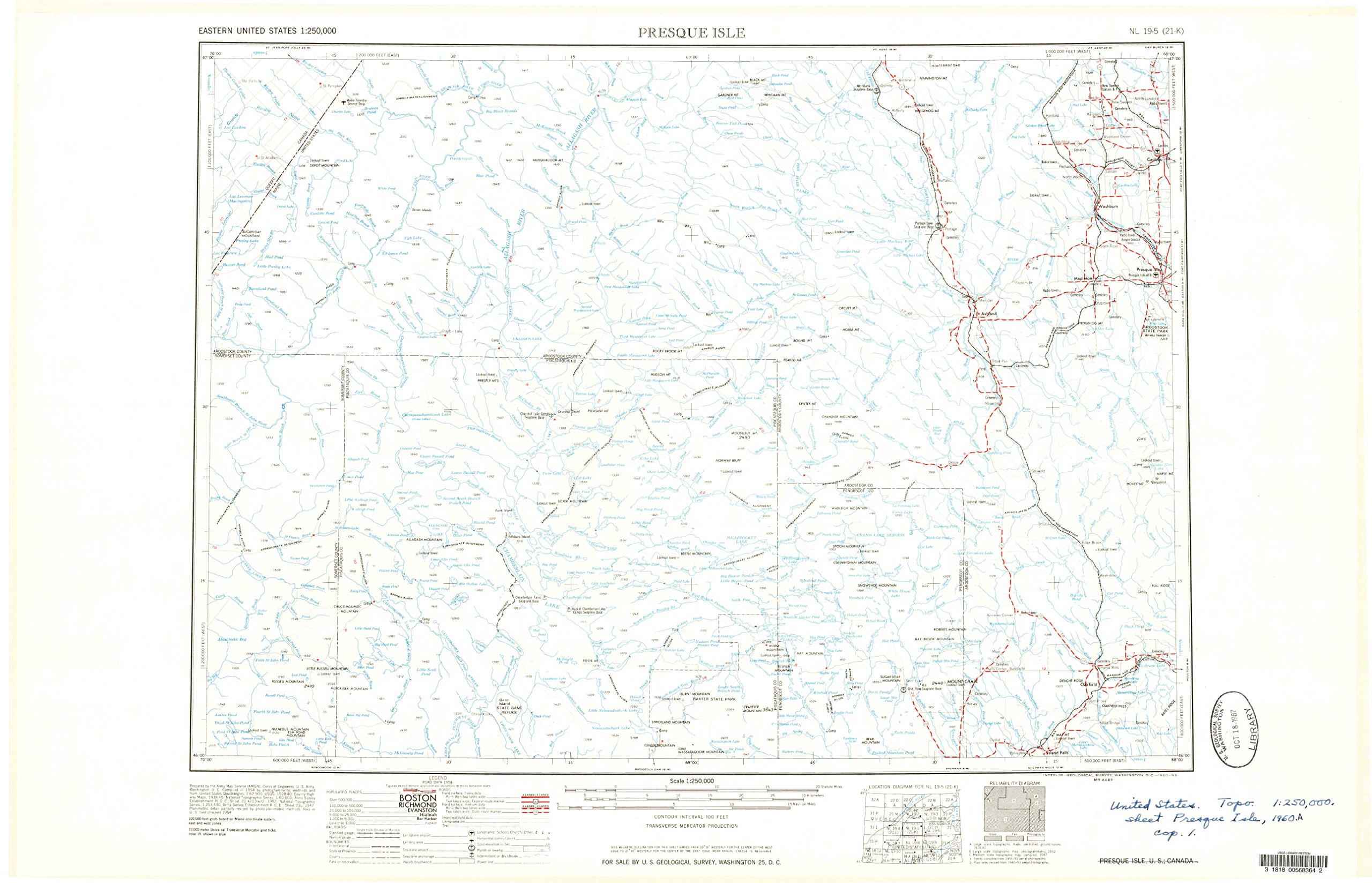YellowMaps Presque Isle ME topo map, 1:250000 Scale, 1 X 2 Degree, Historical, 1960, Updated 1960, 22.2 x 34.5 in - Polypropylene