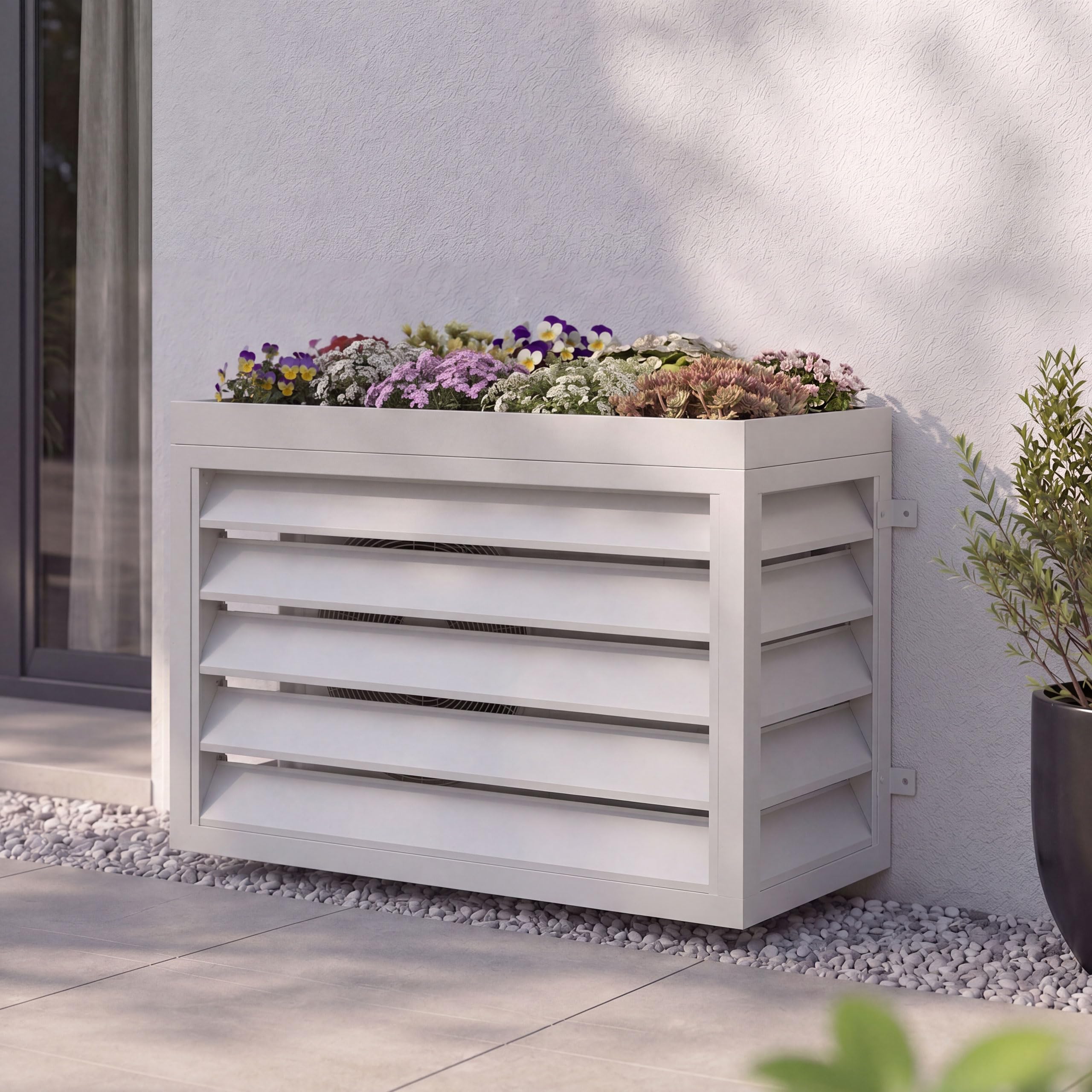 Mendler Verkleidung für Klimaanlage/Wärmetauscher HWC-O43 mit Pflanzkasten, Abdeckung, Metall 77x104x50cm - grau-weiß