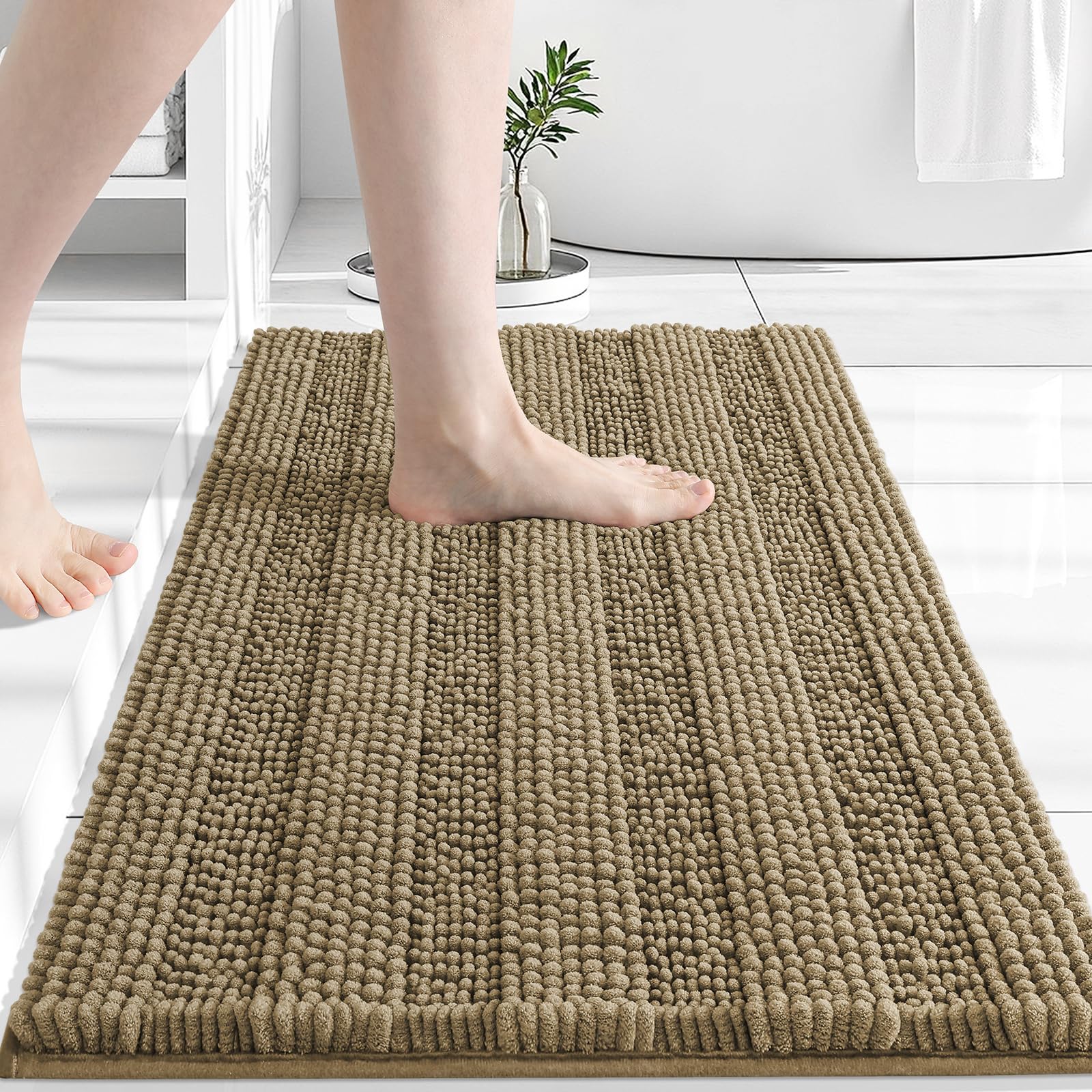 Grandaily Chenille Bathroom Rugs 30x20, Soft Absorbent Bath Mats, Tan