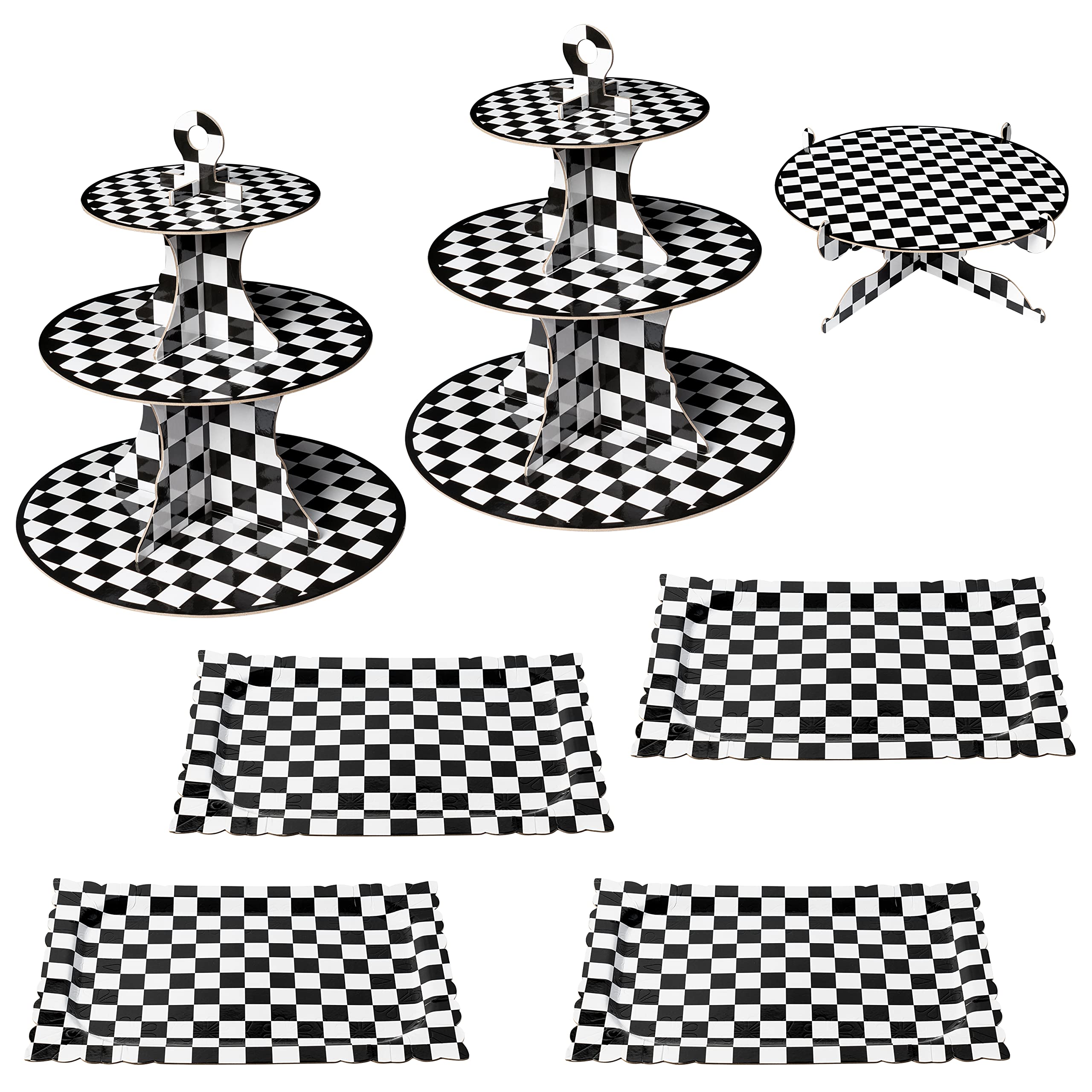 Haooryx 7Pcs Checkered Cupcake Stand Set, 2 Black White Checkered 3-Tier Cupcake Tower Cardboard Dessert Holder 1 Round Cake Stand Platters 4 Rectangle Serving Tray for Theme Birthday Party Supplies