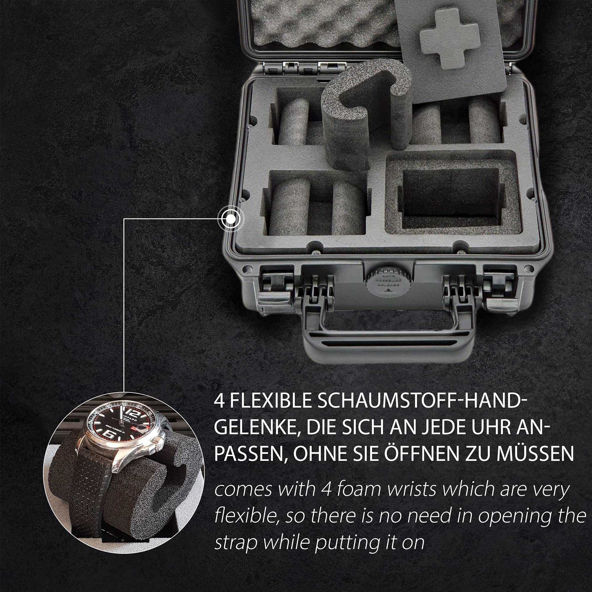 valigetta porta orologi - ospita fino a 4 orologi - si chiude a chiave, resiste all'acqua, ben protetta - perfetta per viaggiare - Made in Germany