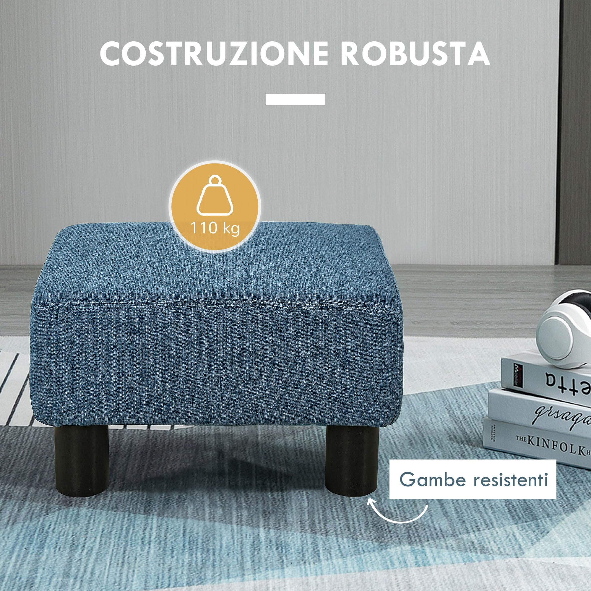 HOMCOM Pouf Poggiapiedi Imbottito in Tessuto di Lino e Plastica, Ottomana Rettangolare con Seduta Imbottita, per Soggiorno e Camera da Letto, 40x30x24 cm, Blu Scuro