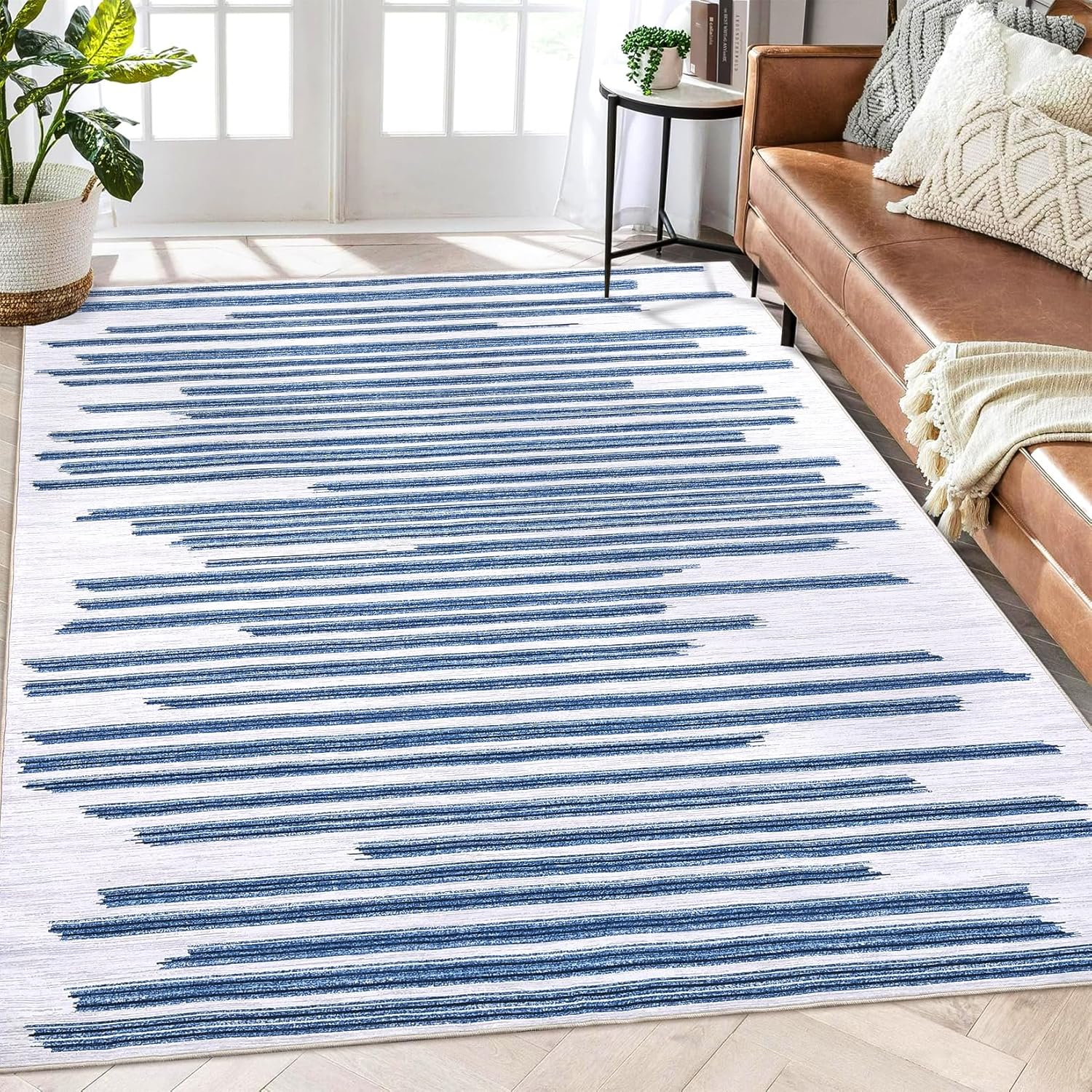 JOLENE.K 8x10 Rug Washable Rugs for Bedroom Modern Geometric Carpet Boho Rug for Living Room Rug Office Rug Neutral Rug Moroccan Rug Contemporary Floor Cover Line Pattren Rug 8x10 Area Rugs Blue
