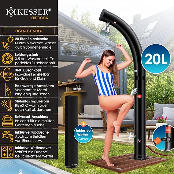 KESSER Solar Garden Shower Arch Including Metal Shower Shelf + Protective Cover Warm Water | 20 Litres | Max. 60C | Pool Shower Camping | Rain Shower Head & Tap | Garden Hose Connection