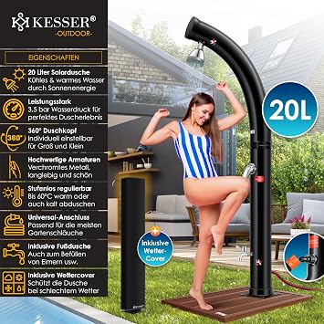 KESSER Solar Garden Shower Arch Including Metal Shower Shelf + Protective Cover Warm Water | 20 Litres | Max. 60C | Pool Shower Camping | Rain Shower Head & Tap | Garden Hose Connection
