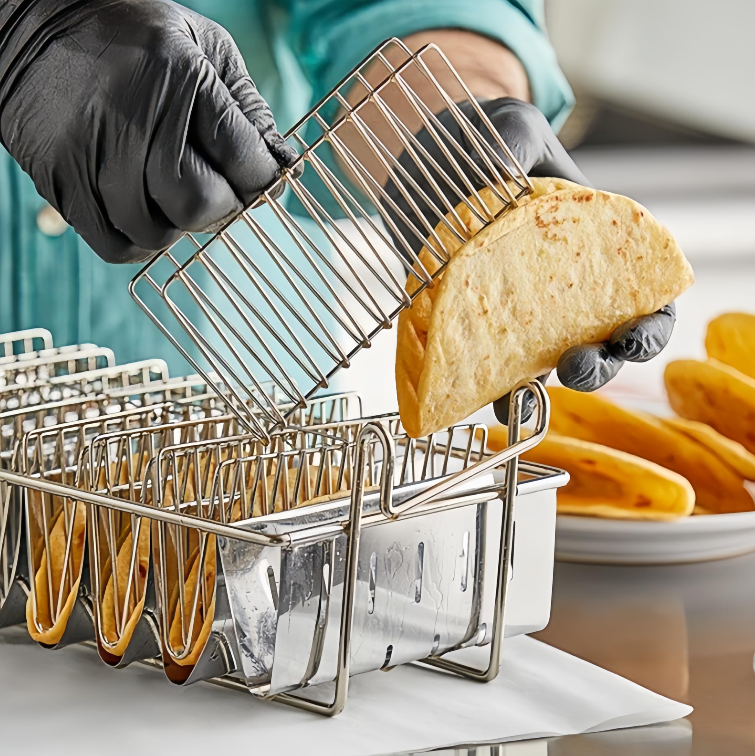 Cesta para freidora de 8 conchas con mango desmontable, acero inoxidable de grado comercial, cesta para freír tacos cada vez, 8 conchas de tacos crujientes