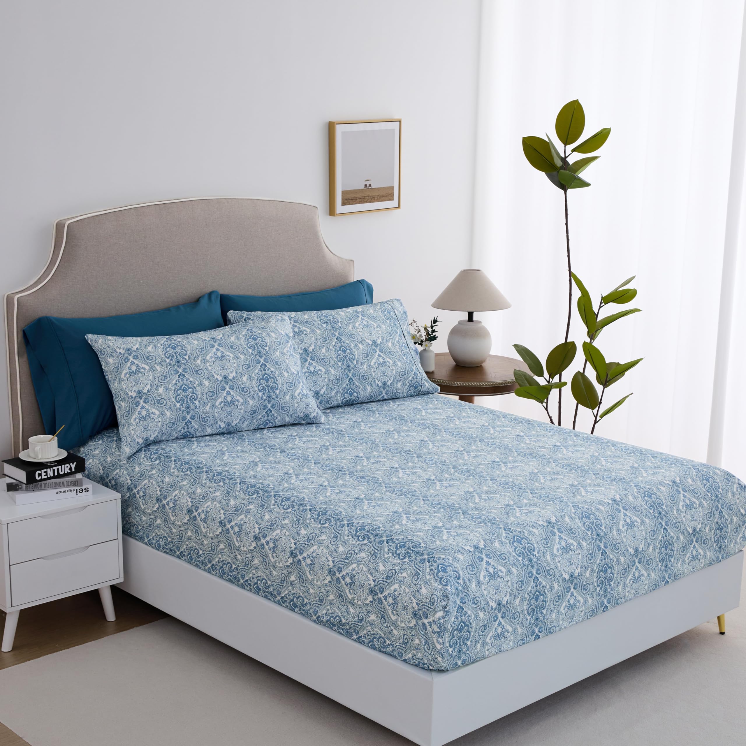 Queen Size Bed Sheets Set Deep Pockets - 6PC Paisley Ultra Soft Microfiber Bed Sheets - Easy to Clean, 90 Thread Count Sheets with Fitted Sheet, Flat Sheet & Pillowcases (Cornett Blue)