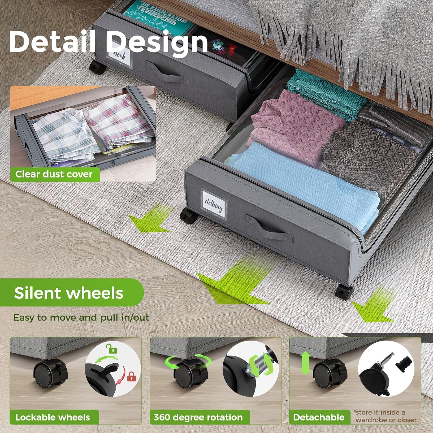 INVOCOO 4 Pack Under Bed Storage with Wheels, Easy Pullout Under Bed