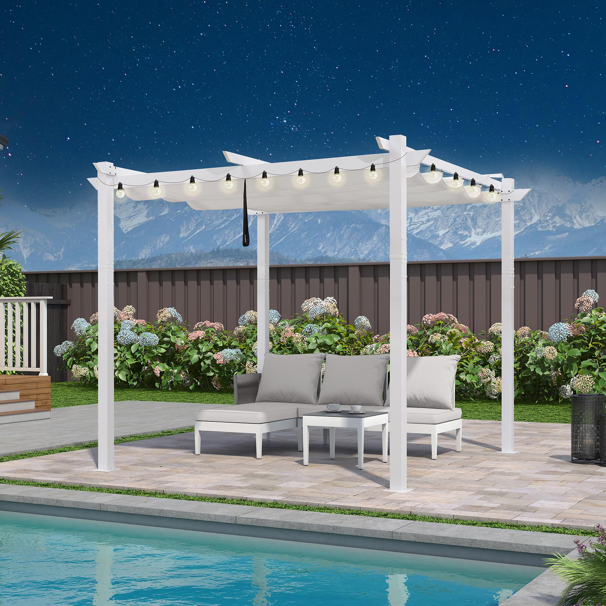 PURPLE LEAF 10' x 10' Outdoor Aluminum Pergola White Heavy-Duty Retractable Pergolas Patio Metal Pergola with Double Sun Shade Canopy and Light for Backyard Gardens Deck, White