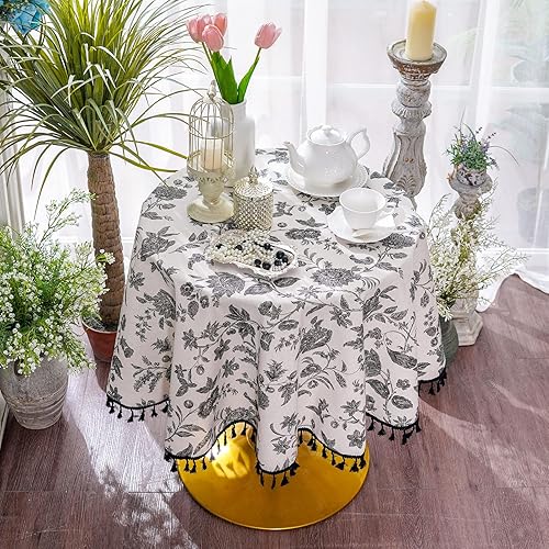 Miniatura 2 de SUTAVIA Mantel de Algodón y Lino Bohemio Negro Floral de Tela Beige con Borlas de Encaje Estilo Granja Antipolvo para Superficie de Mesa del Hogar