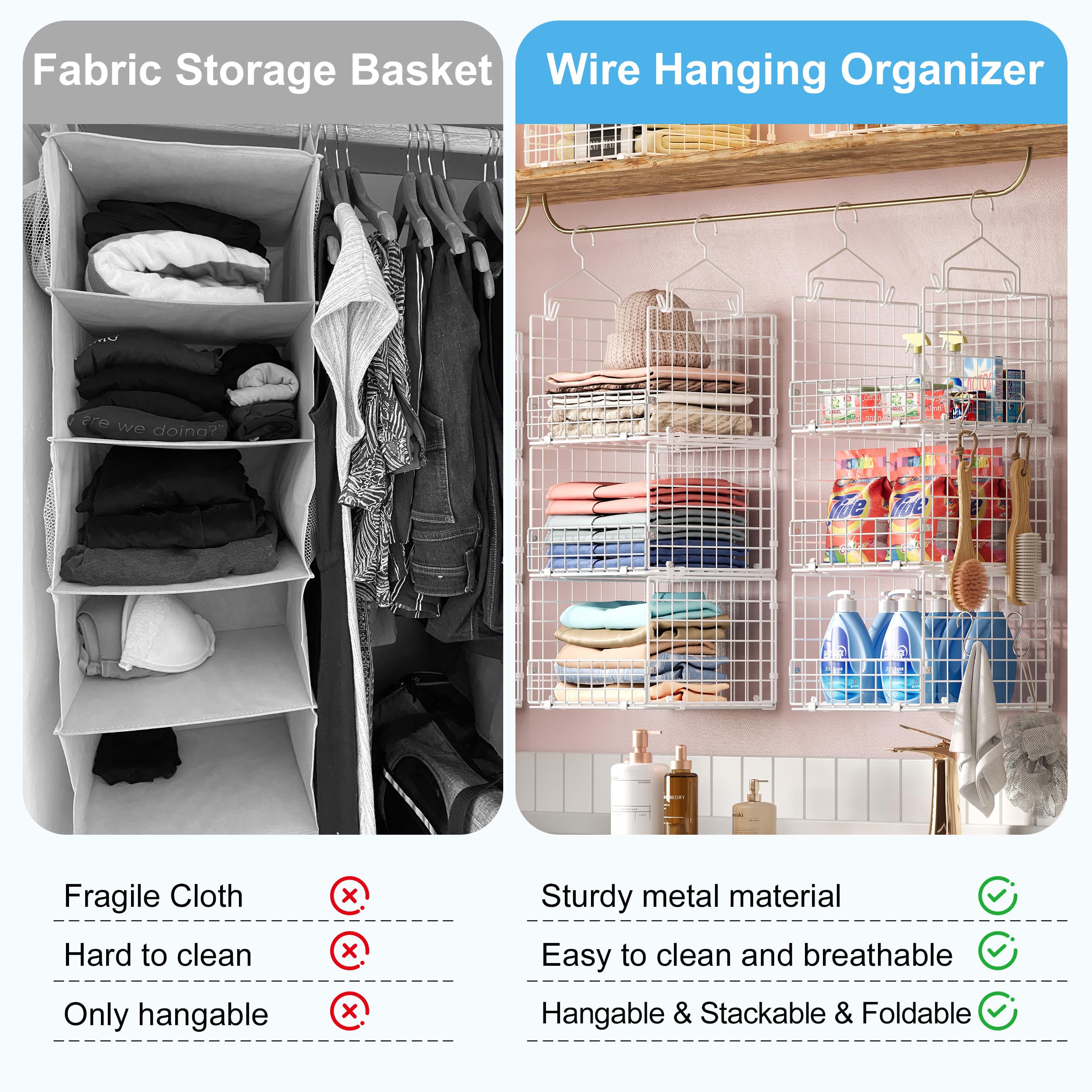 Organiseur de placard suspendu à 3 niveaux avec 5 crochets en S, étagères de placard pour vêtements, chaussures, sacs à main, accessoires, panier suspendu, système de placard, organiseurs de placard