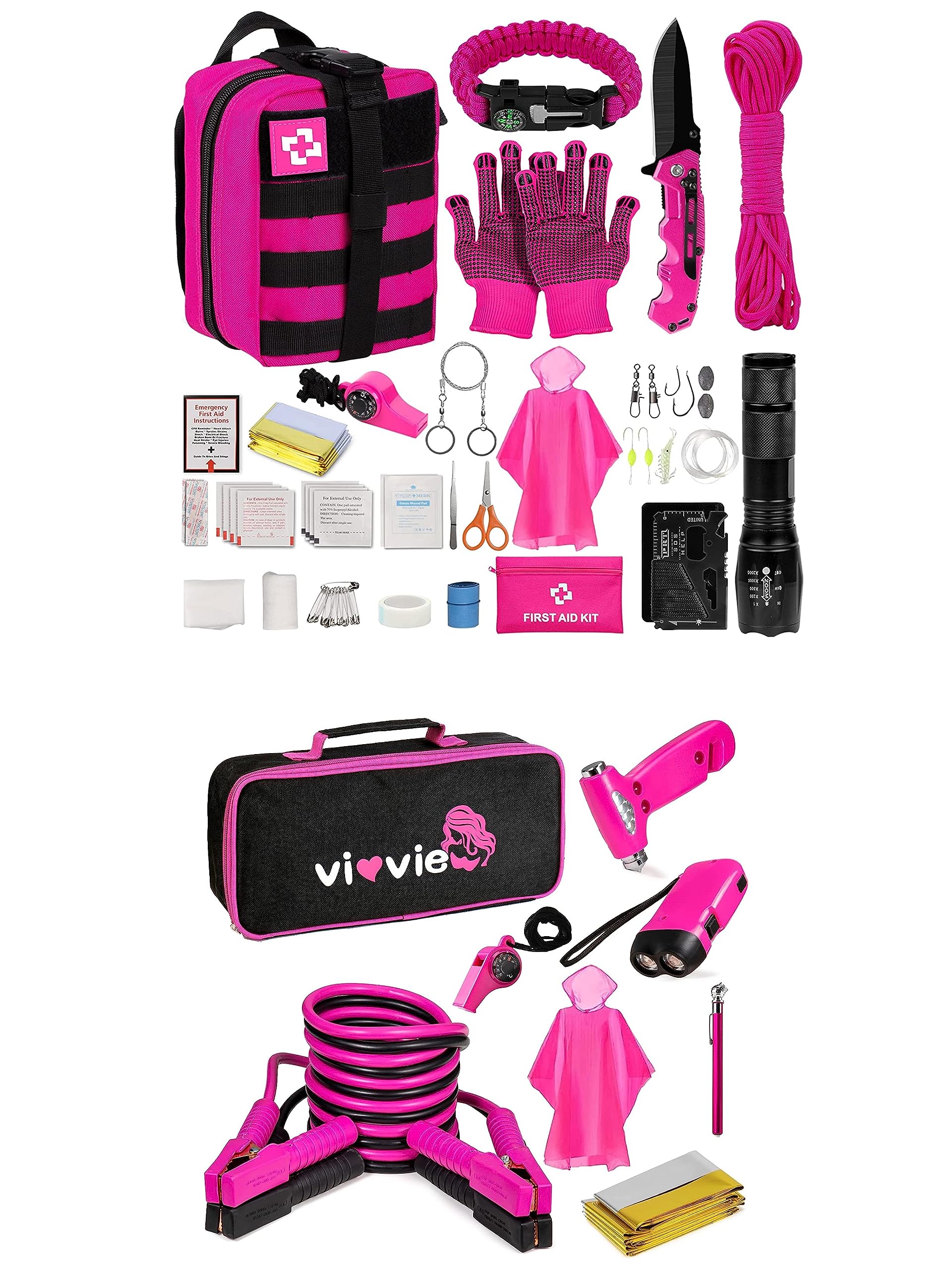 vioviewEmergency Survival Kit and First Aid Kit,Pink Car Emergency Kit with Jumper Cables Professional Survival Gear and Equipment for Teen Girls and Women's Gifts