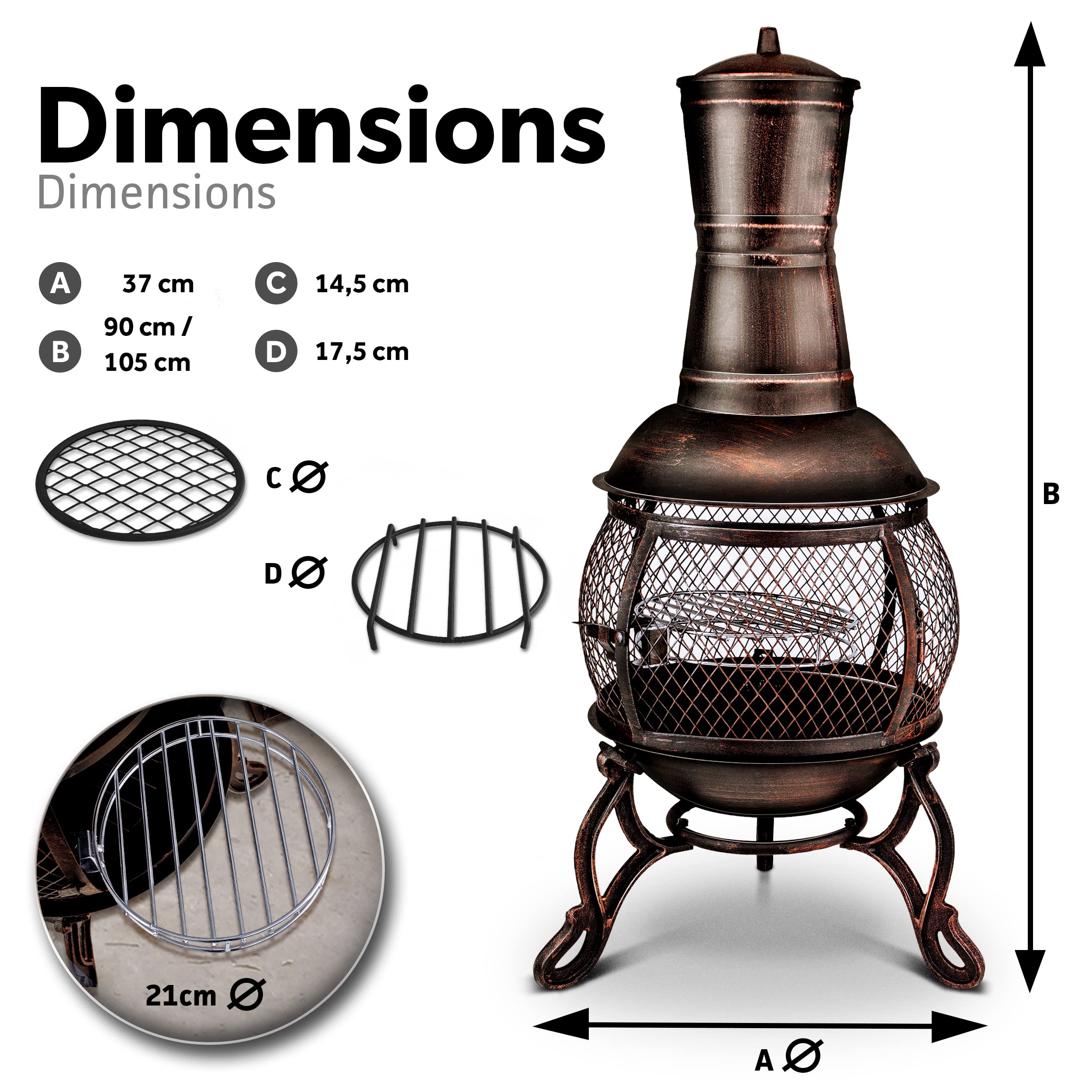 tillvex Cheminée de terrasse extérieure avec Grill | Brasero Mexicain avec Pare-étincelles | Chauffage de Jardin avec Housse | Poêle à Bois | Tisonnier + Grille, BBQ + Accessoires XXL (Bronze, 90)