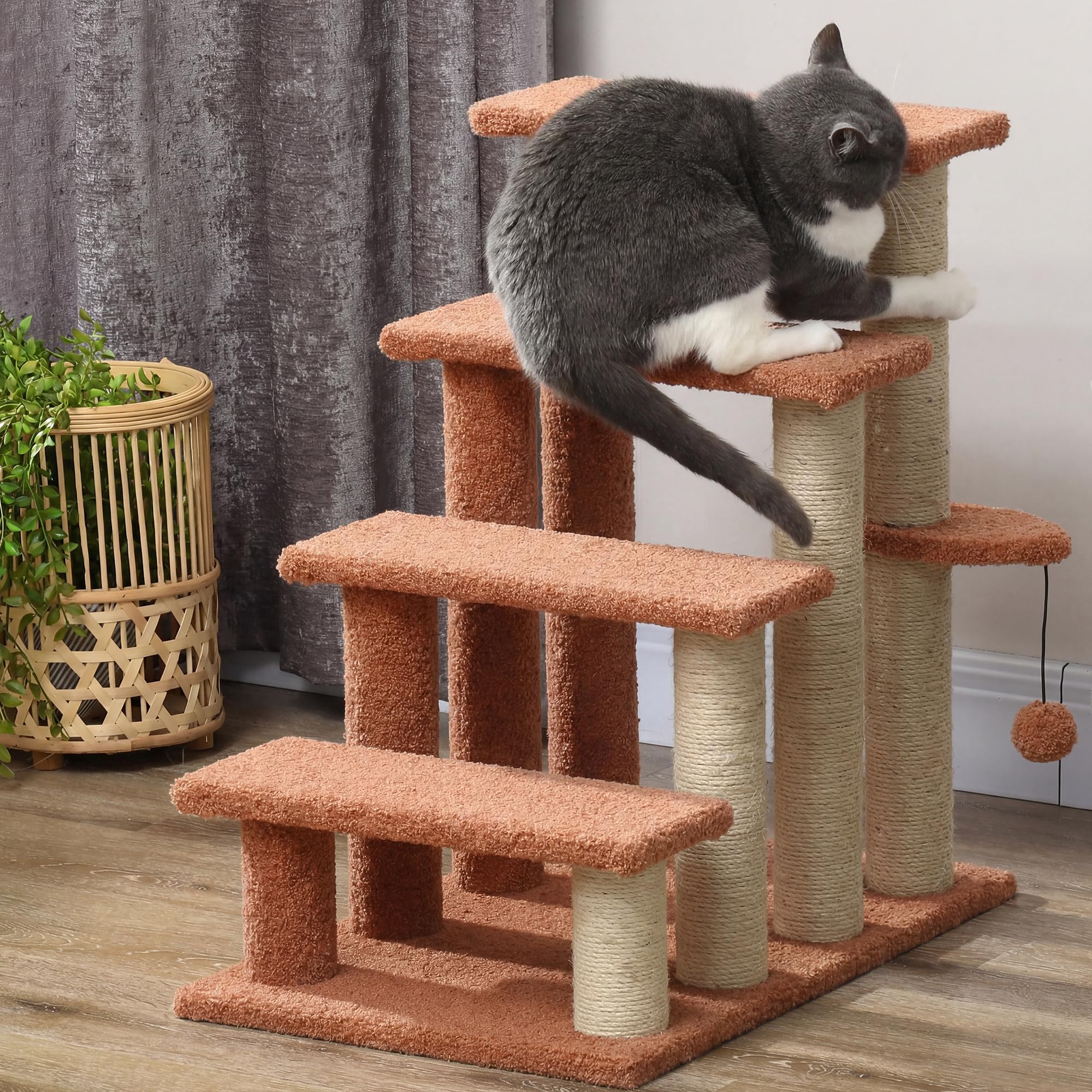 PawHut Escalier pour chats avec griffoir Escalier pour animaux domestiques à 4 marches avec balle de jeu Escalier pour chiens Escalier pour animaux pour chats jusqu'à 5 kg, peluche Jute Marron 60 x 40