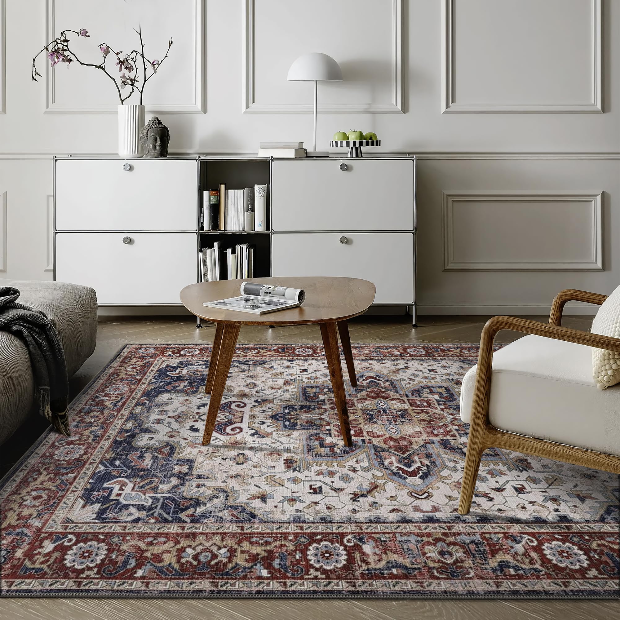 Tapis de salon lavable en machine - 80 x 150 cm - 4 mm d'épaisseur - Tapis chenille vintage avec envers en coton antidérapant - Tapis doux et lavable à poils courts pour chambre à coucher