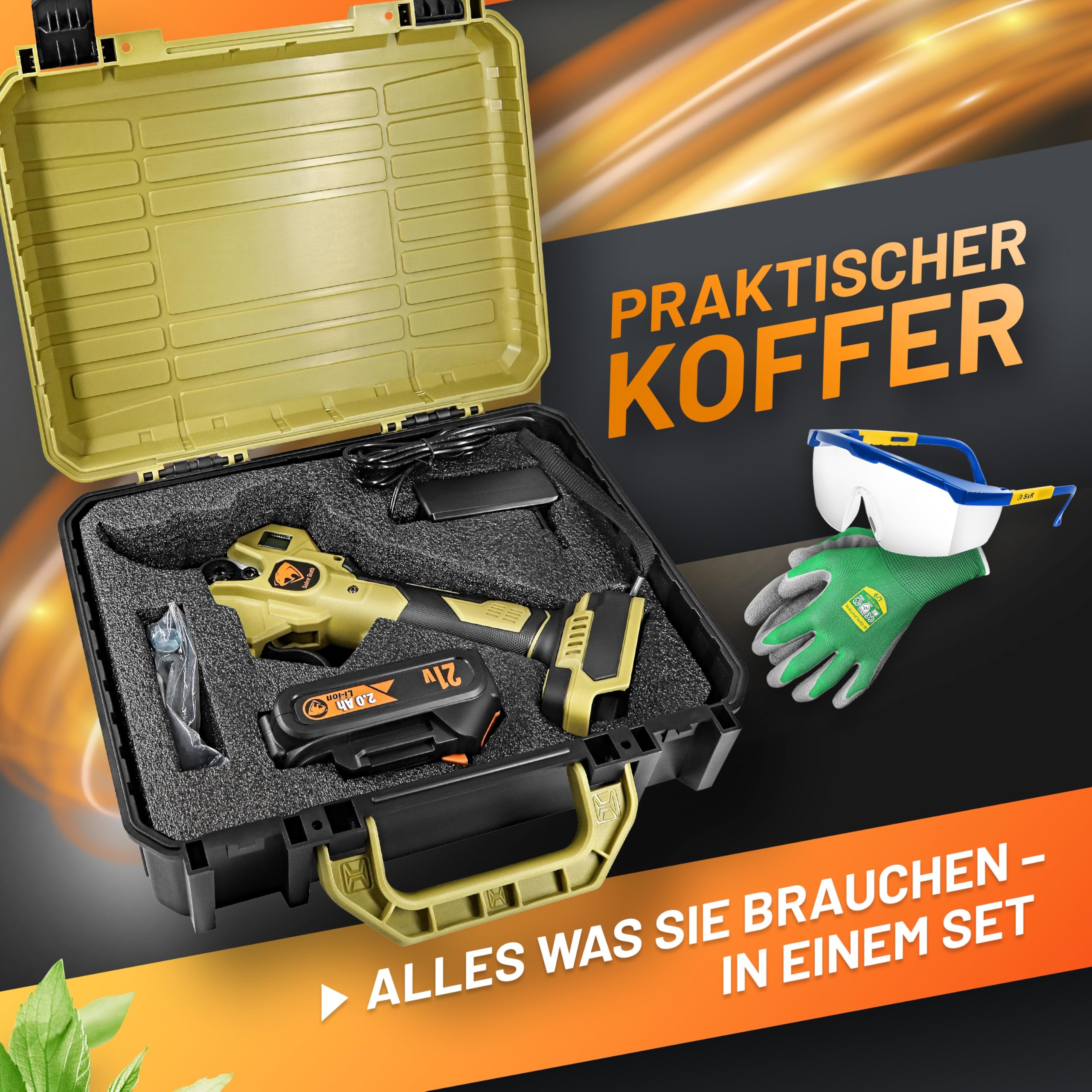 GRÜNTEK Akku Astschere 21V 2Ah Brushless, Elektrische Gartenschere Akku bis 30mm, 400W Bürstenloser Motor SK5 Klinge Makita-Kompatibel, Koffer Komplett-Set Baumschere Akkuschere