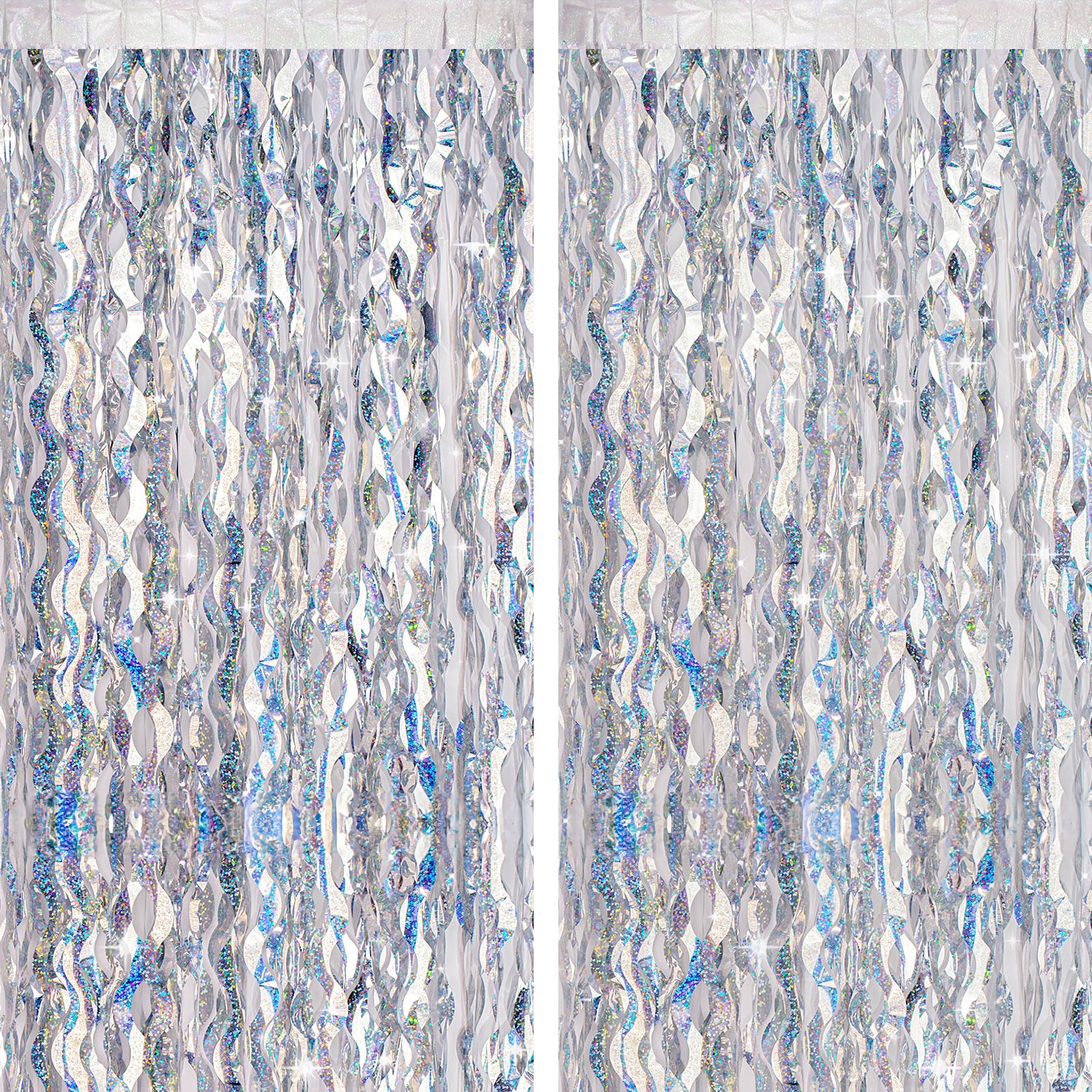 jijAcraft Wavy Silver Foil Curtains: 2pcs Glitter Metallic Tinsel Foil Fringe Curtains, 1m×2m Party Streamers Curtain, Backdrop Decorations for Disco Birthday Wedding Dance Party
