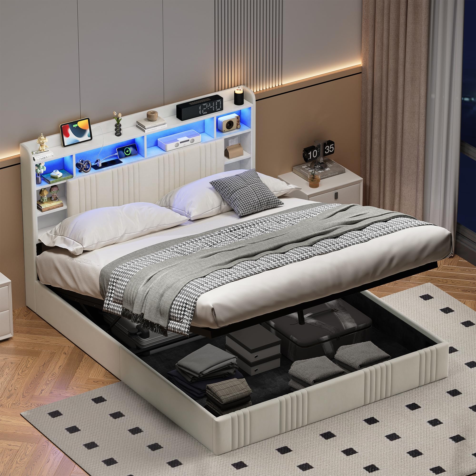 Polsterbett 140x200cm Doppelbett mit USB- und Typ-C-Ladeanschluss,LED Doppelbett Hydraulisch Stauraumbett mit Lattenrost,Jugendbett Funktionsbett,bett 140x200 mit stauraum (Beige+Leinen, 140x200cm)