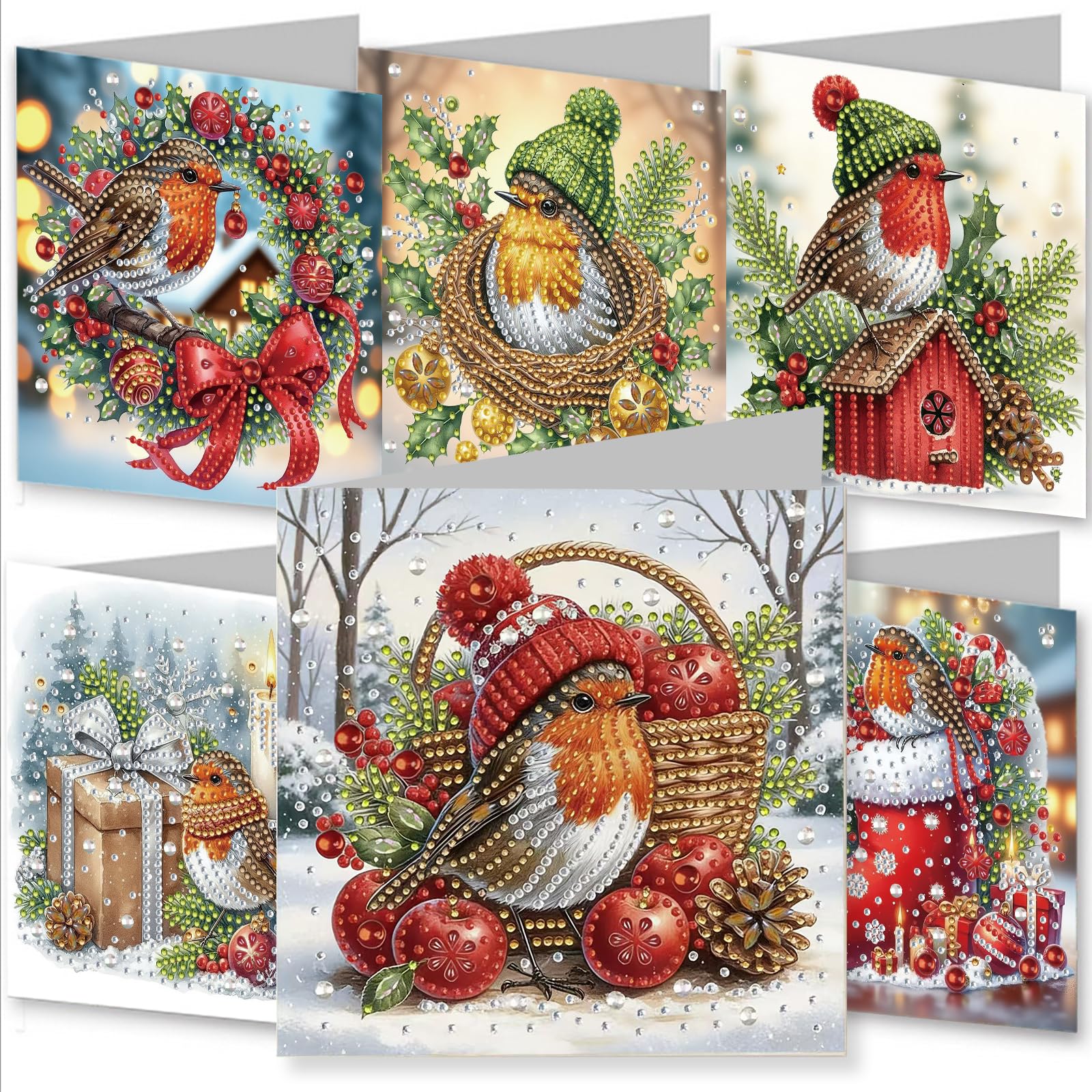 YEESAM ART 6pcs Diamond Art Christmas Cards Kits Winter Robin, DIY Crystal Painting Art Greeting Cards Sets with Diamond Painting Tools Envelopes Xmas Anniversary Mosaic Festival Craft Gift