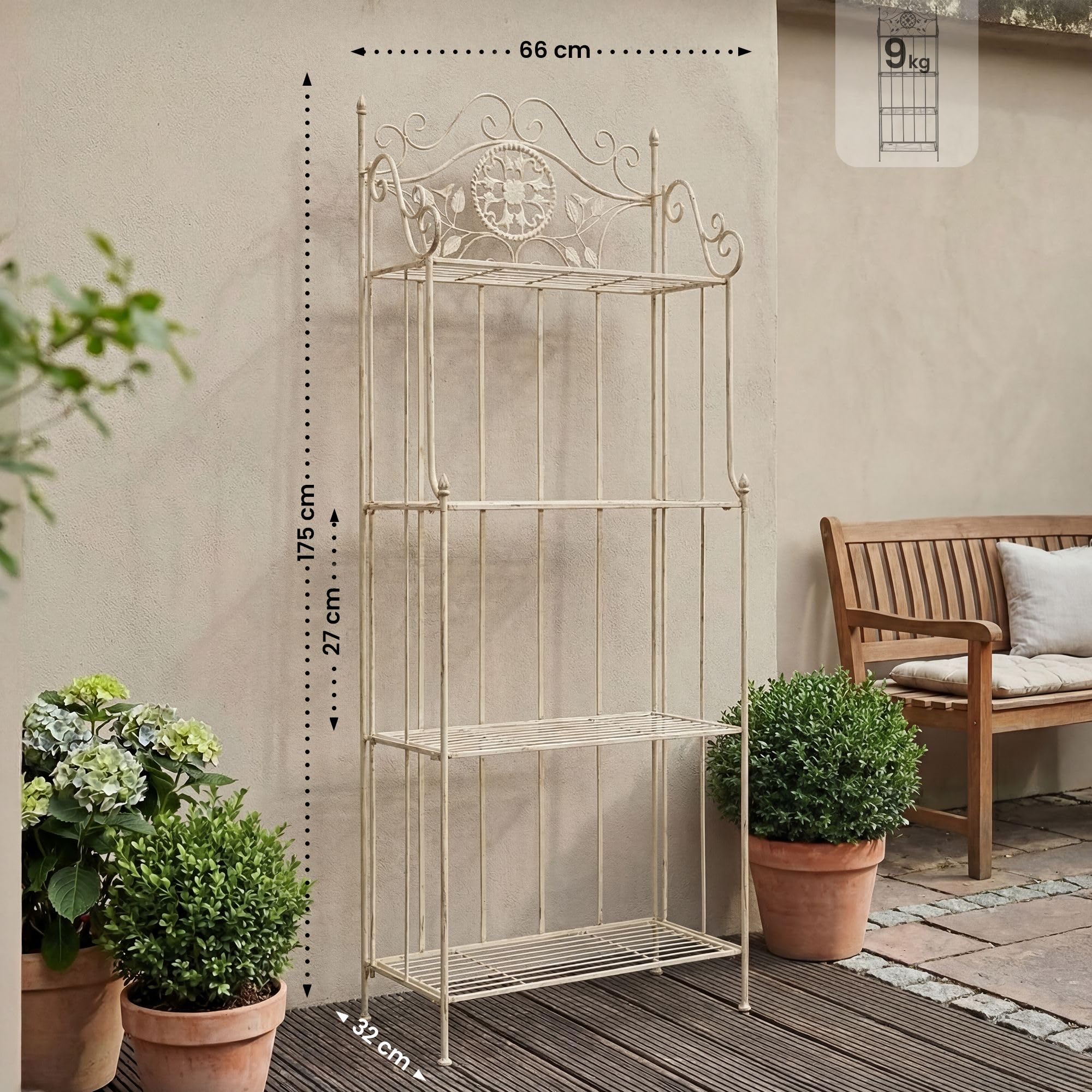 CLP Pflanzenregal Metall klappbar Flora, Blumenregal 4 Ebenen, Standregal im Landhausstil, für Garten, Balkon, Terrasse, Indoor & Outdoor, Farbe:antik-Creme