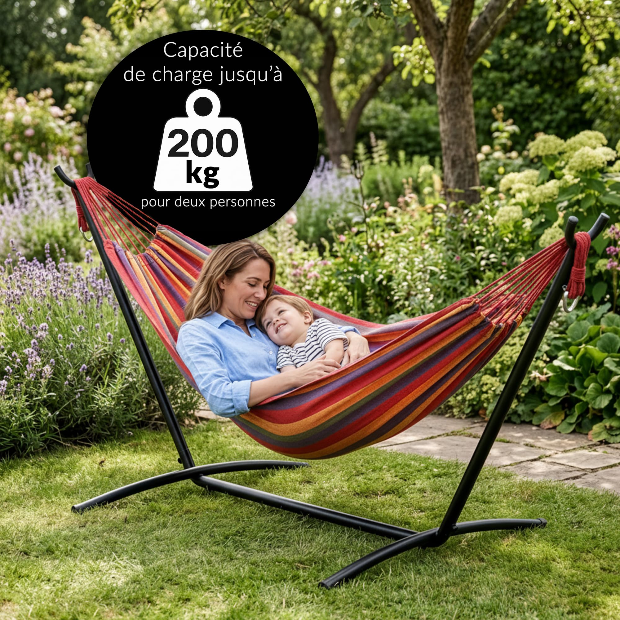 LEHMANN Hamac avec Support en Acier, Capacité de Charge 200 kg, pour 2 Personnes 6 Hauteurs Réglables, Pliable et Transportable avec Sac de Transport, idéal pour Camping, Jardin et Balcon - 5