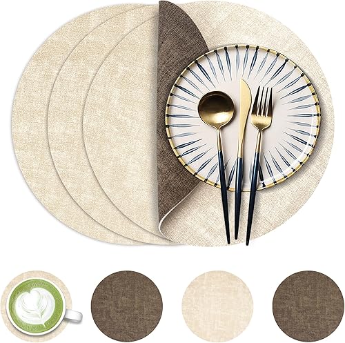 Miniatura 15 de Juego de 6 manteles individuales redondos de piel sintética de 13 pulgadas, impermeables, antideslizantes, de doble cara, resistentes al calor,