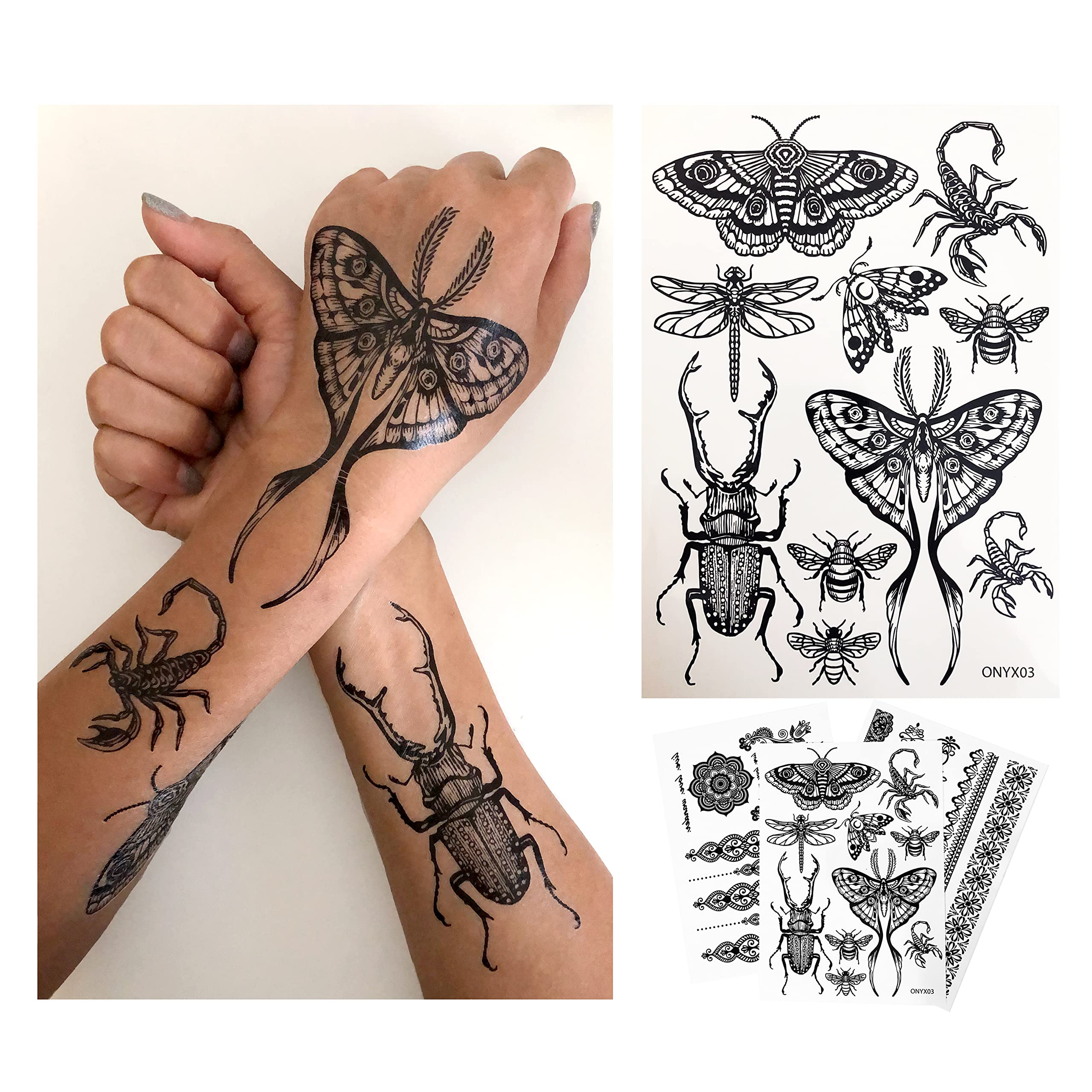 Temporary Tattoo for Adult Women - 2 Sheets - Black Big Moth Beetle Scorpion Dragonfly Bee Insect Sleeve Words Adults Tattoos