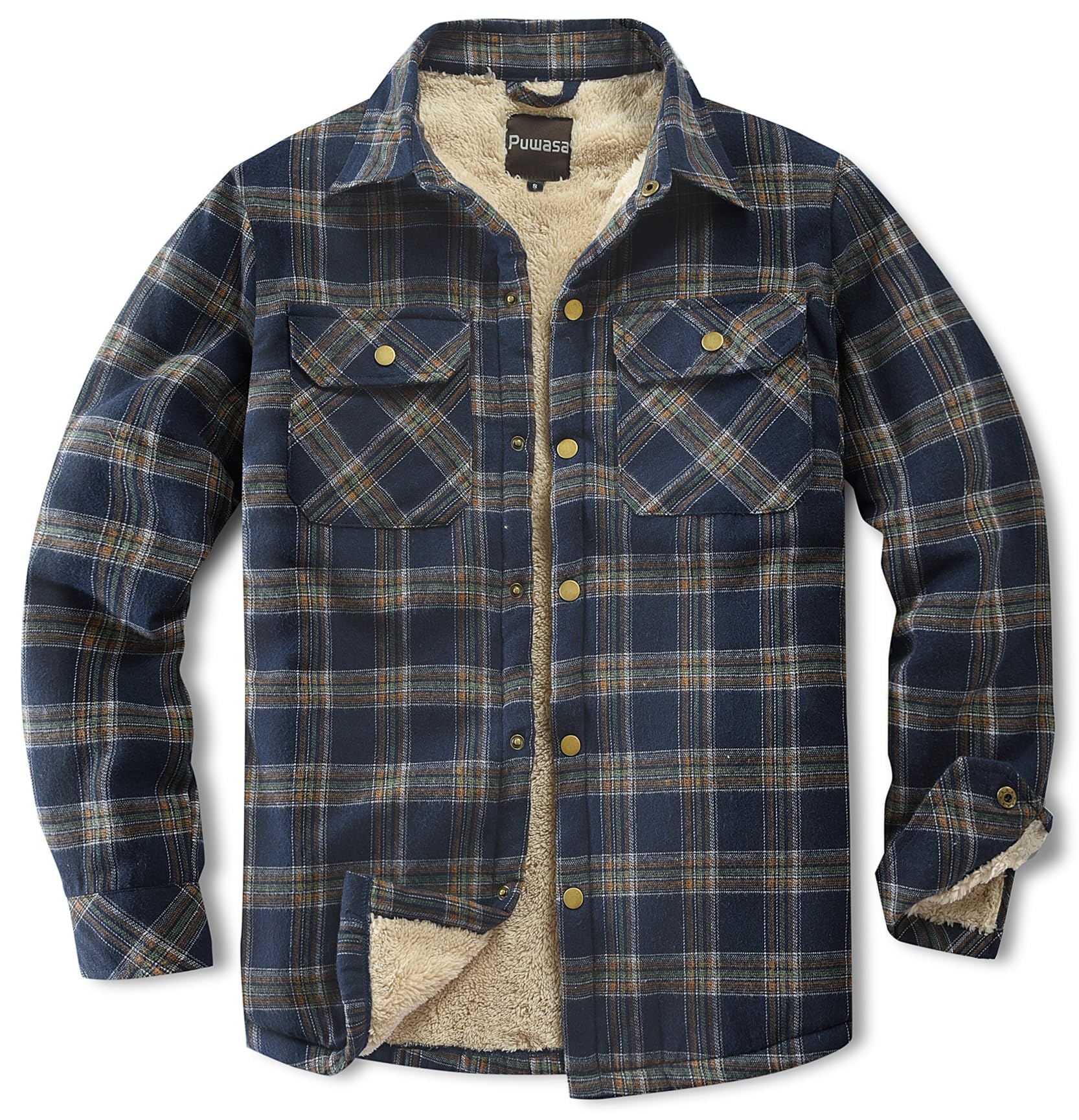 Men's Sherpa Cotton Flannel Shirt Jacket Plaid Button Coat Pocket