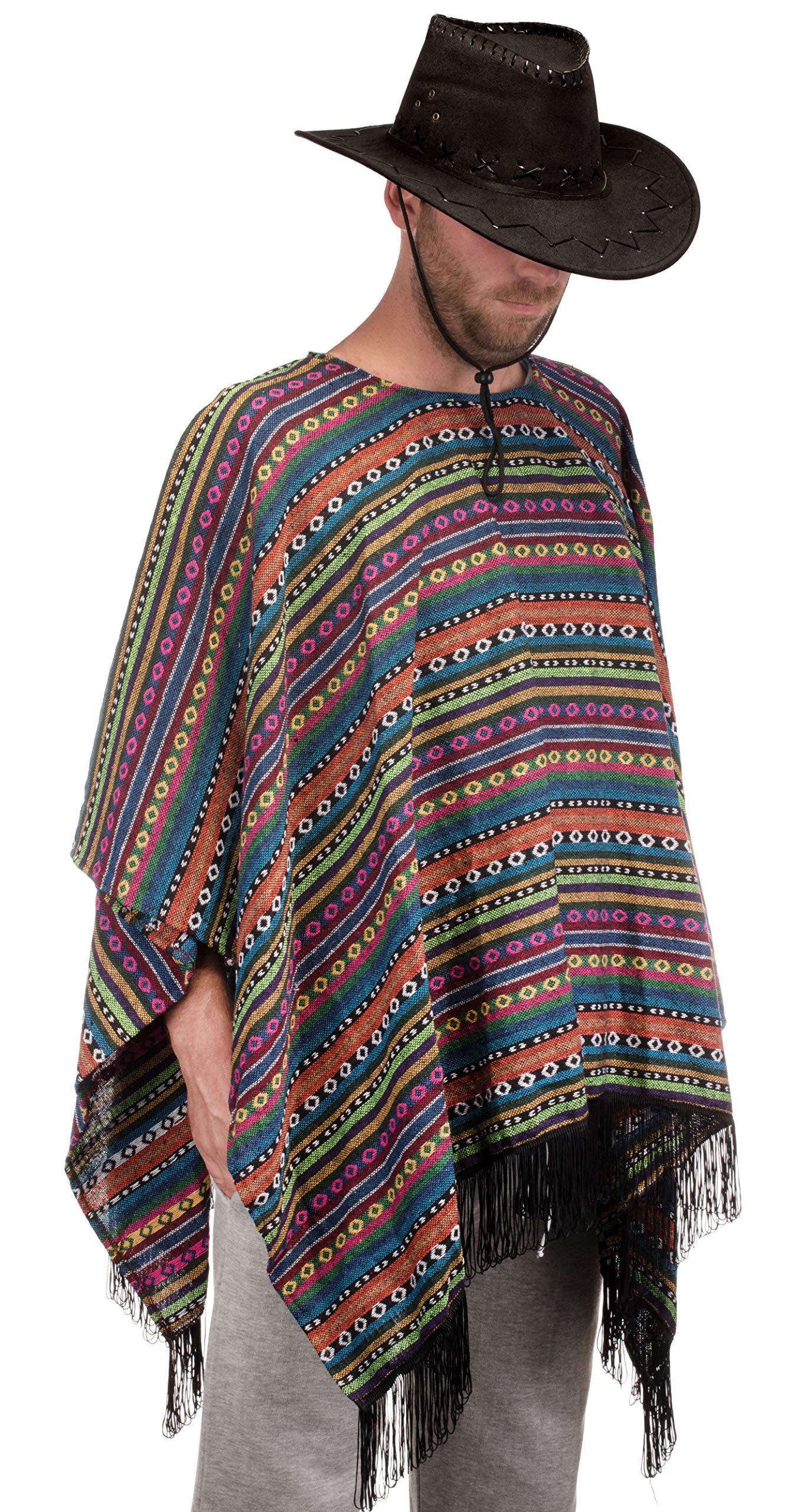 Brandsseller Poncho Mexiko mit Fransen Verkleidung Umhang Einheitsgröße für Erwachsene -gewebte Struktur- Mehrfarbig