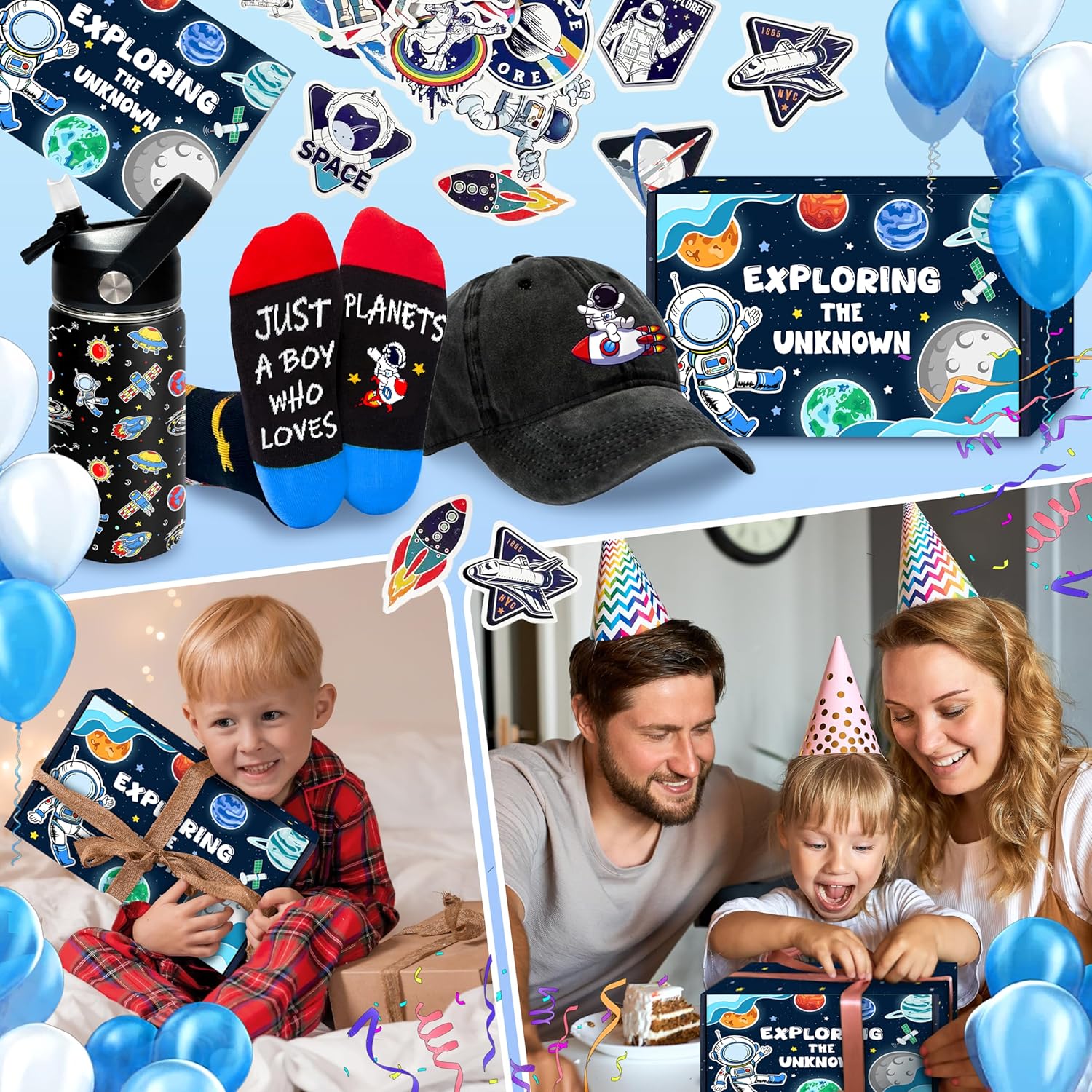 Space Gifts, 6PCS Cool Birthday Valentine Christmas Gifts for Teen Teenage Boys Men Idea, Space Gift Bulk Set Includes 12 OZ Water Bottle Hat Socks Stickers Greeting Card Gift Box