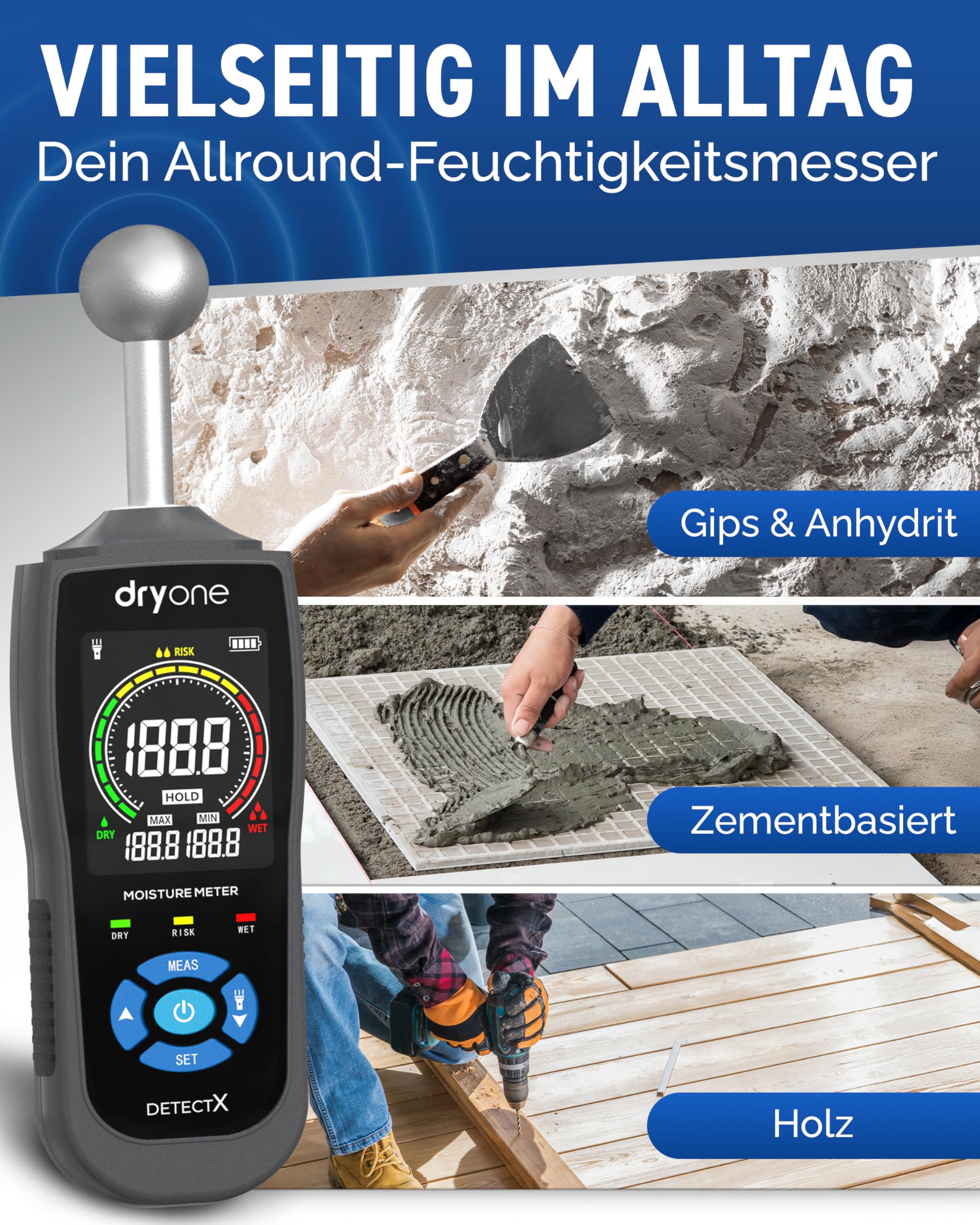 DryOne® DetectX Feuchtigkeitsmessgerät für Wand, Holz, Mauerwerk, Estrich & Beton - verlässliche Messung & einfache Bedienung - Feuchtigkeitsmesser & Wandfeuchtemessgerät gegen Schimmel & Schäden