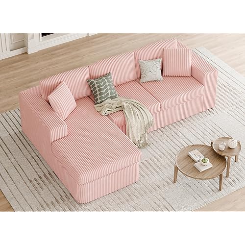 Shintenchi 105" Modular Sectional Sofa, Boneless L Shaped Couch with Deep Seat, Cloud Foam Couch with Oversized Chaise, Plush Cordurory Sofa No Assembly Needed for Living Room, Pink