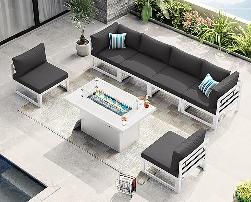 Miniatura 732 de NICESOUL 7 Piece White Powder-Coated Aluminum Patio Furniture with Fire Pit Table, 29 Inch Extra Wide Outdoor Sectional Sofa for 6, High-End Heavy