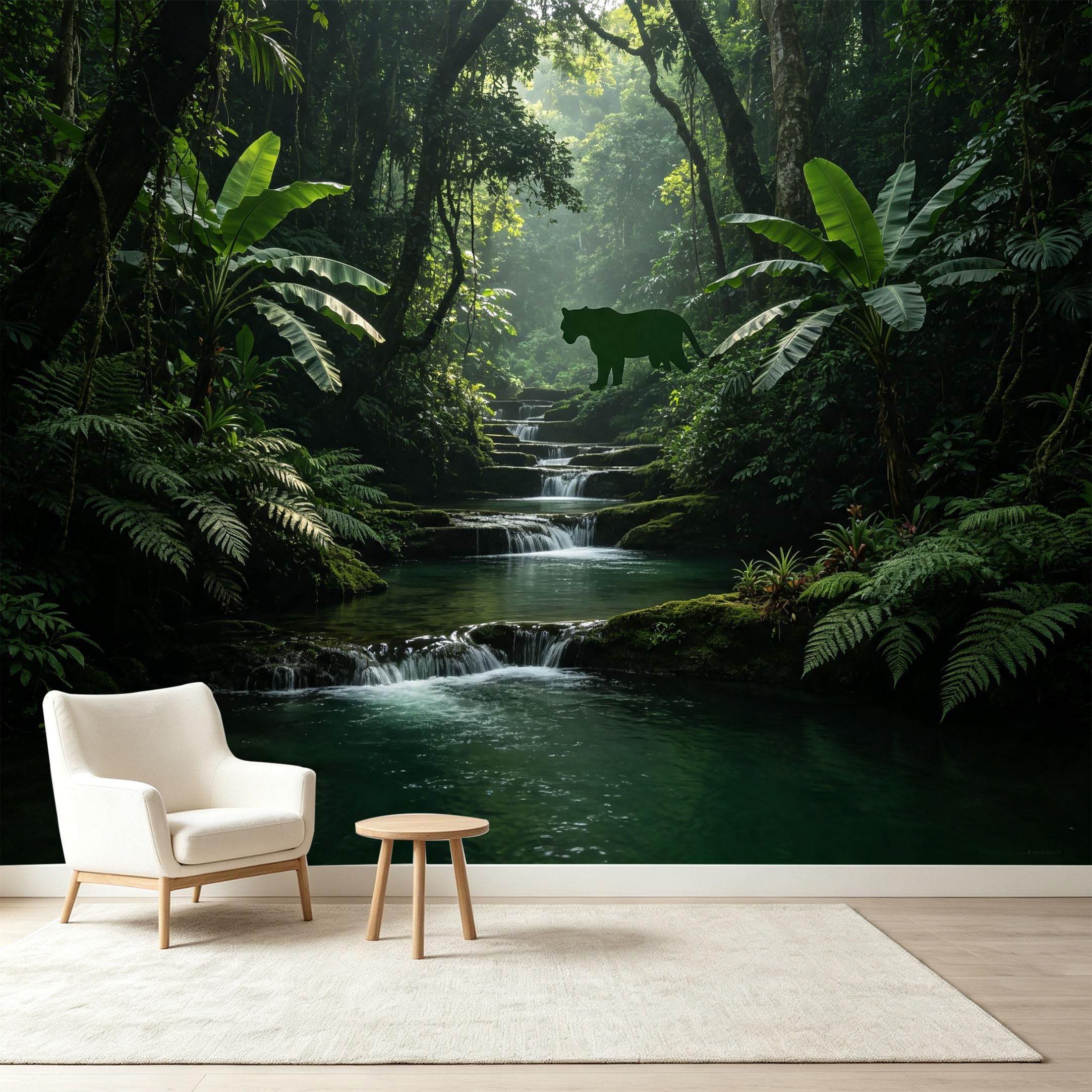 Custom Size Wall Murals Tropical Rainforest Waterfall Panther Silhouette Jungle Style Self-Adhesive Wall Fabric Removable Wallpaper Wall Decor for Living Room Bedroom Bathroom