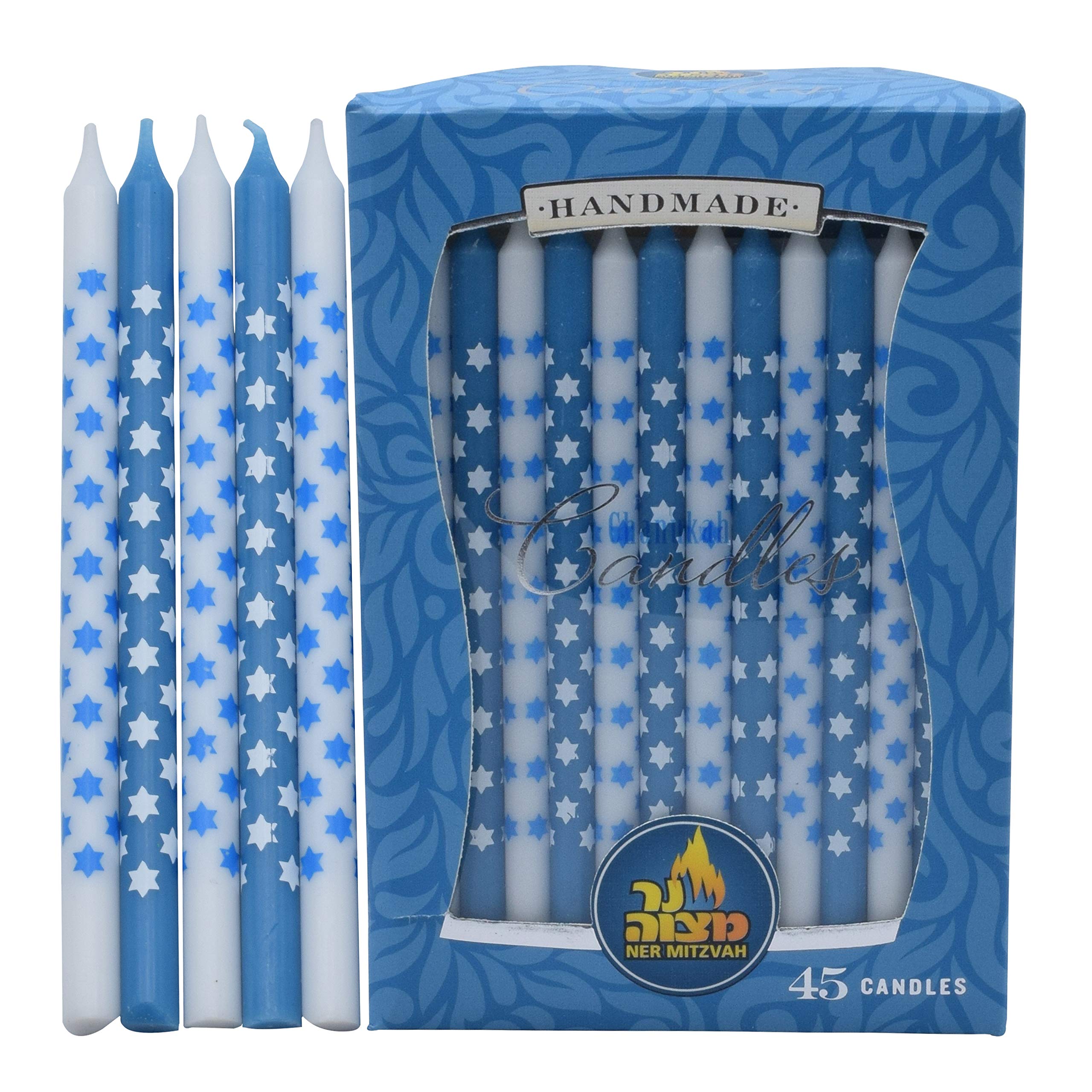 Dripless Chanukah Candles Standard Size - Star Decorated Blue & White Hanukkah Candles Fits Most Menorahs - Premium Quality Wax - 45 Count for All 8 Nights of Hanukkah - by Ner Mitzvah