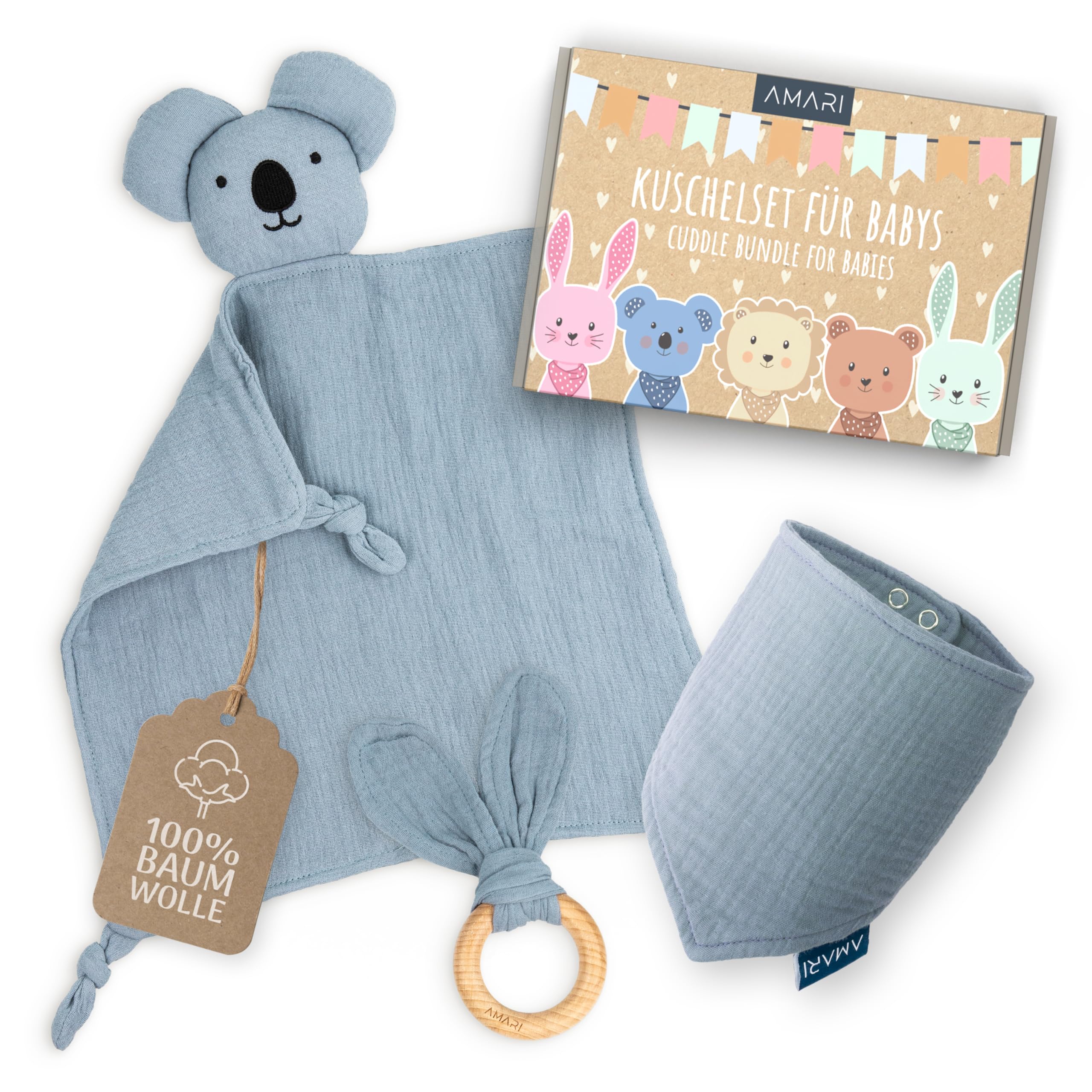 Amari ® Schmusetuch (Blau Koala) mit Beißring und Lätzchen, Geburt für Junge und Mädchen - Baby Geschenk Neugeborene - Schnuffeltuch Babygeschenke Set zur Babyparty