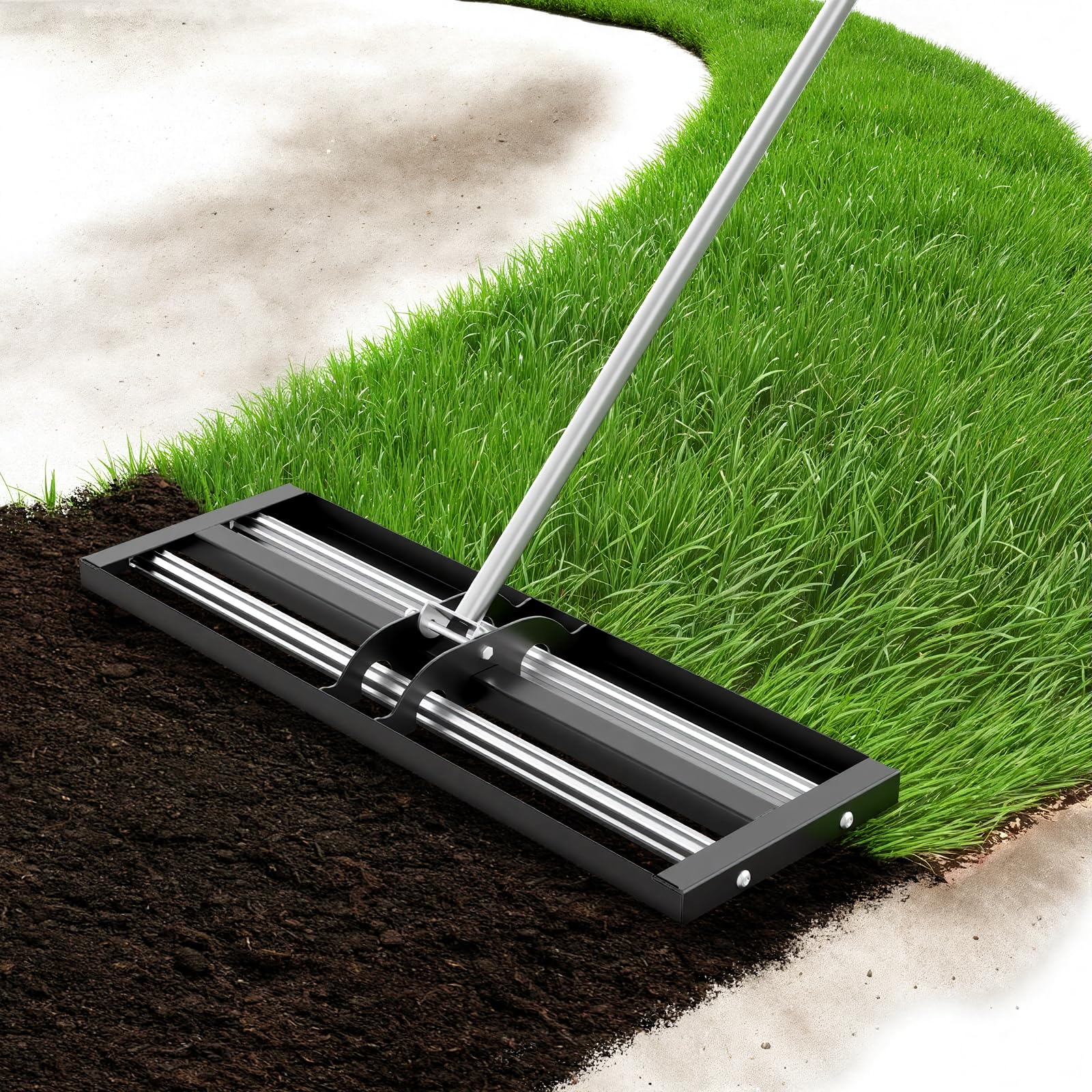 Warmiehomy Rastrillo nivelador de césped de 76 x 25 cm, nivelador de césped para jardinería con mango ajustable de 213 cm y barra rodante, rastrillo nivelador de césped resistente para suelo, césped